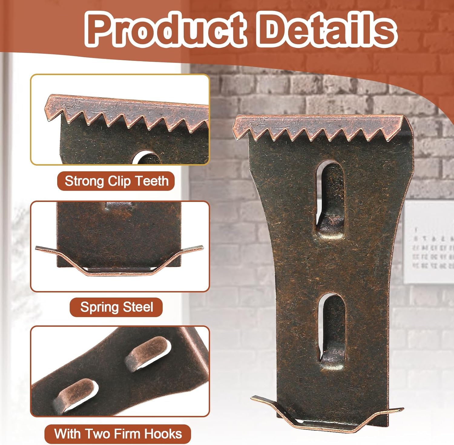 Biaungdo 6 Pcs Brick Wall Clips, Steel Brick Hook Clips, Heavy Duty Brick Hanger for Hanging Outdoors, Metal Brick Wall Hangers Outside Home Decor for 2-1/4 to 2-3/8 inches Bricks Red Bronze