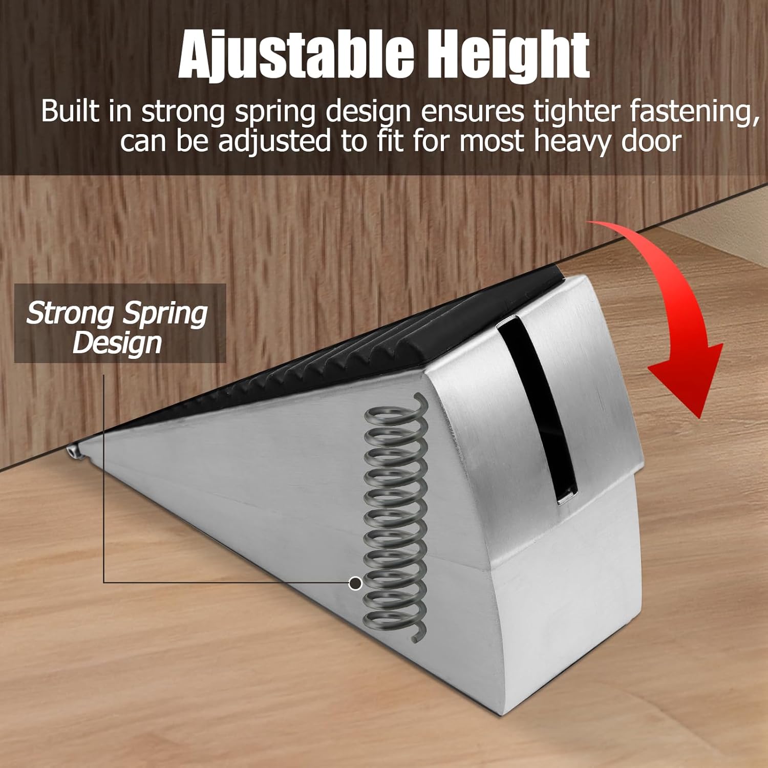 Biaungdo 1 Pack Heavy Duty Door Stopper, Up to 3 Inch Tall Adjustable Spring Loaded Large Door Stopper Wedge Stoppers Stainless Steel Doorstop for Bottom of Door Brushed Nickel