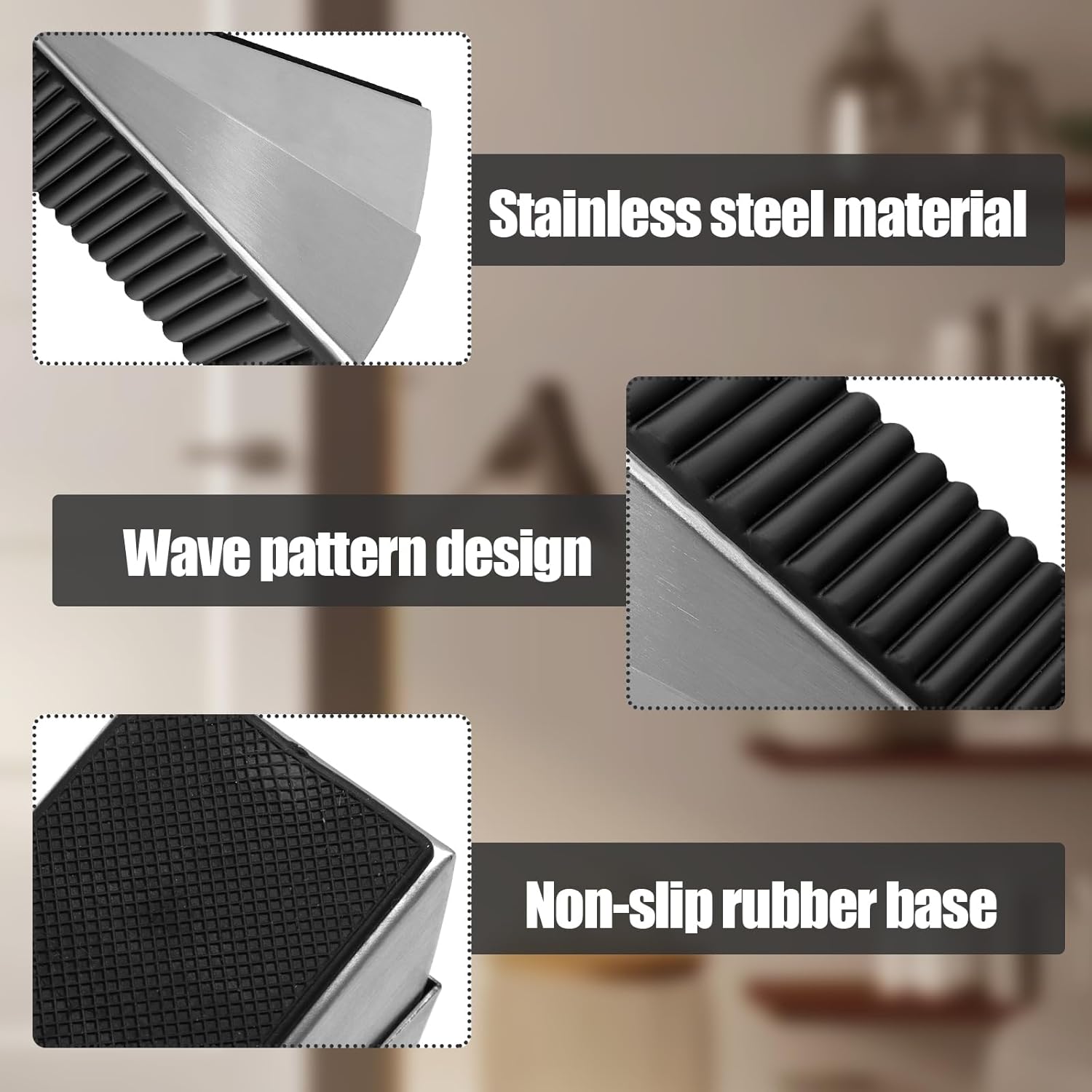 Biaungdo 1 Pack Heavy Duty Door Stopper, Up to 3 Inch Tall Adjustable Spring Loaded Large Door Stopper Wedge Stoppers Stainless Steel Doorstop for Bottom of Door Brushed Nickel