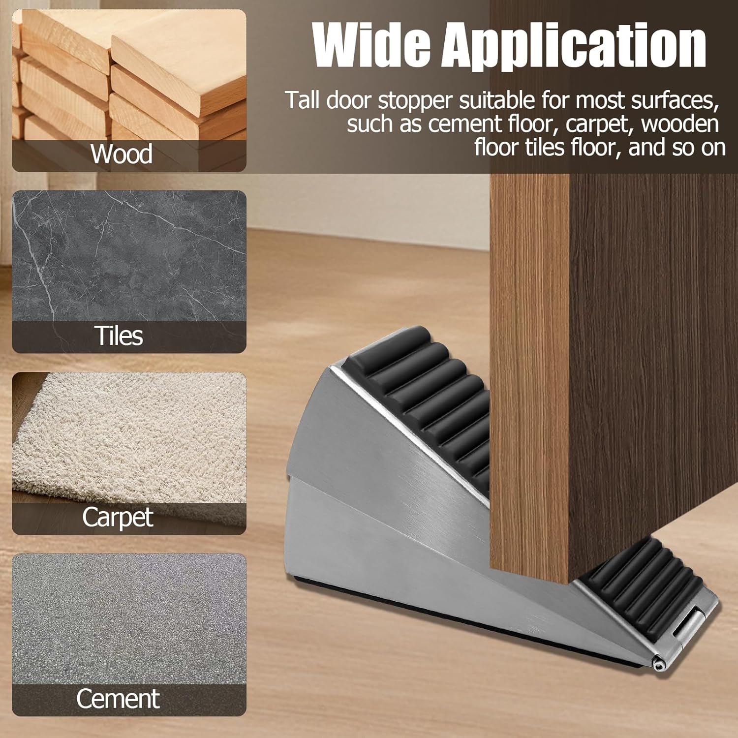 Biaungdo 1 Pack Heavy Duty Door Stopper, Up to 3 Inch Tall Adjustable Spring Loaded Large Door Stopper Wedge Stoppers Stainless Steel Doorstop for Bottom of Door Brushed Nickel