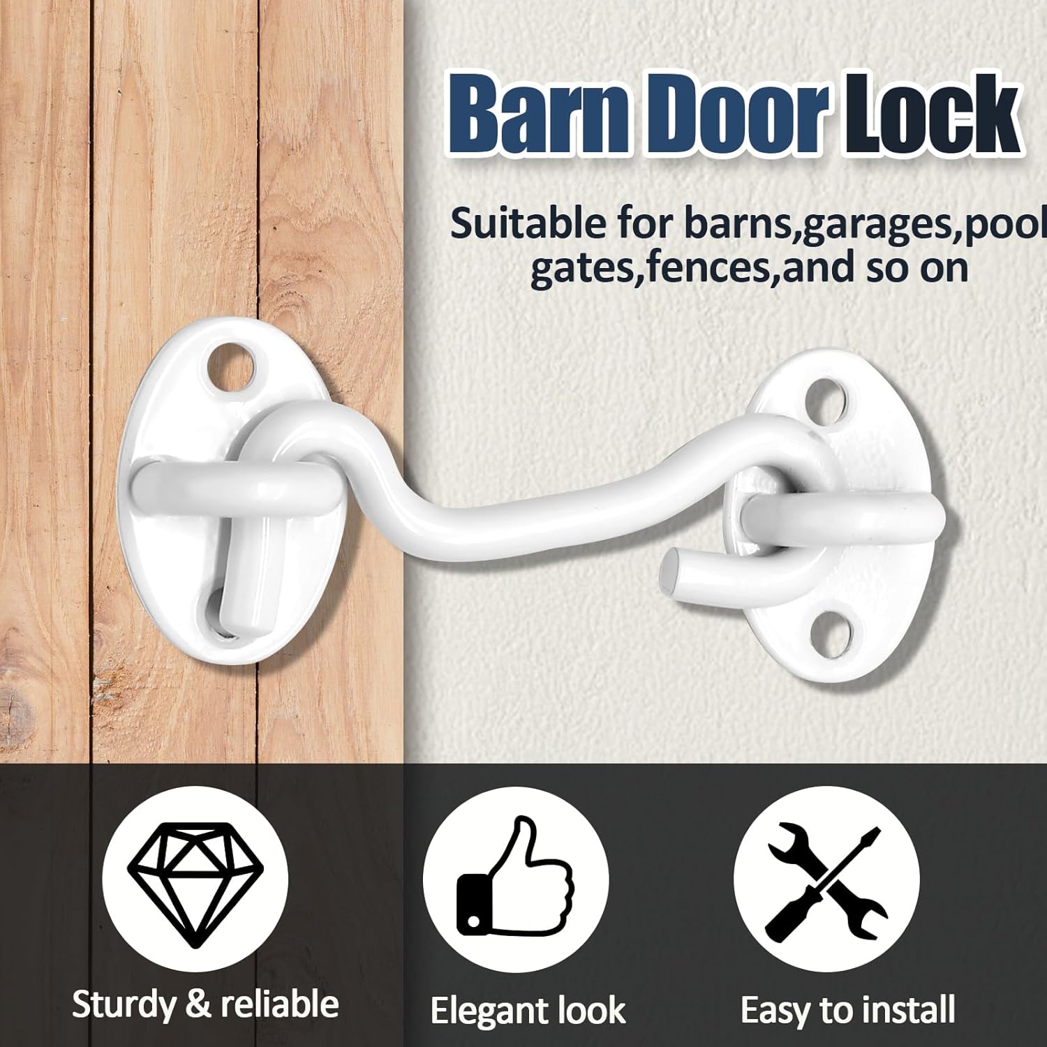Biaungdo Heavy Duty Hook and Eye Latch, 3 Inch White Privacy Hook Barn Door Lock Easy Lock, Stainless Steel Gate Latch for Doors/Windows/Sheds/Gates/Fences/Closets/Cabinets, 1 Pack