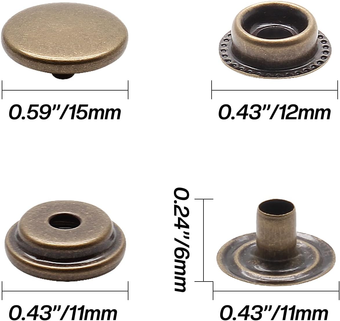 Biaungdo 200pc 15mm Heavy Duty Snap Fasteners Kit, Metal Leather Snap Button Press Stud Cap for Canvas, Marine, Boat, Bronzer 4 Components, 50pc Each