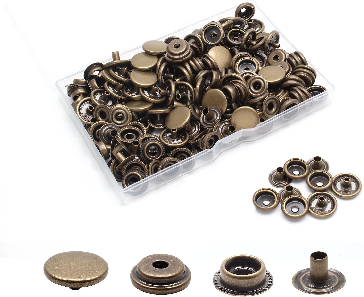 Biaungdo 200pc 15mm Heavy Duty Snap Fasteners Kit, Metal Leather Snap Button Press Stud Cap for Canvas, Marine, Boat, Bronzer 4 Components, 50pc Each