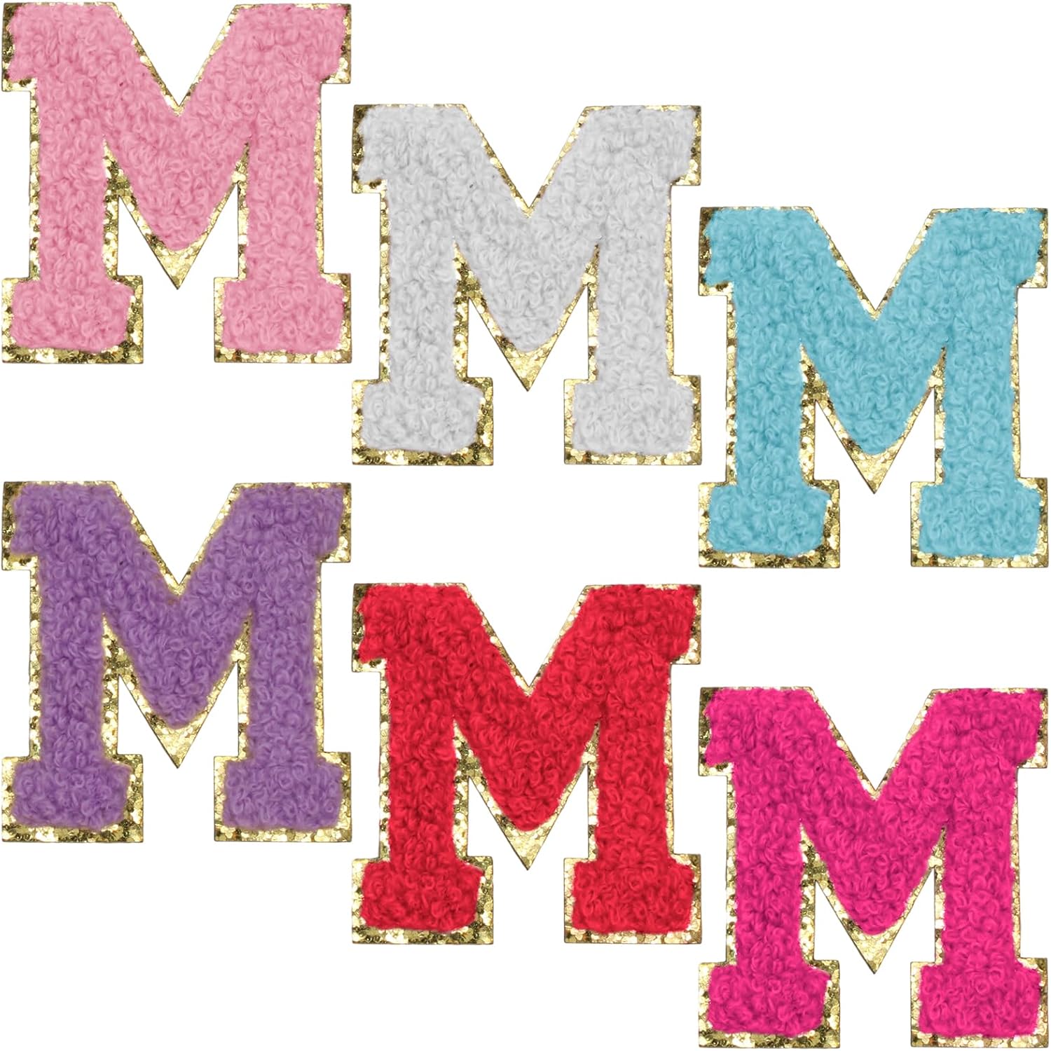 Biaungdo Self Adhesive Chenille Letter Patches, 6 Pcs 2 Inch Varsity Letter Patches Iron on Letter Patches Chenille Patch Large Letter Stickers for Clothes Hats DIY Supplies Mixed Color, M