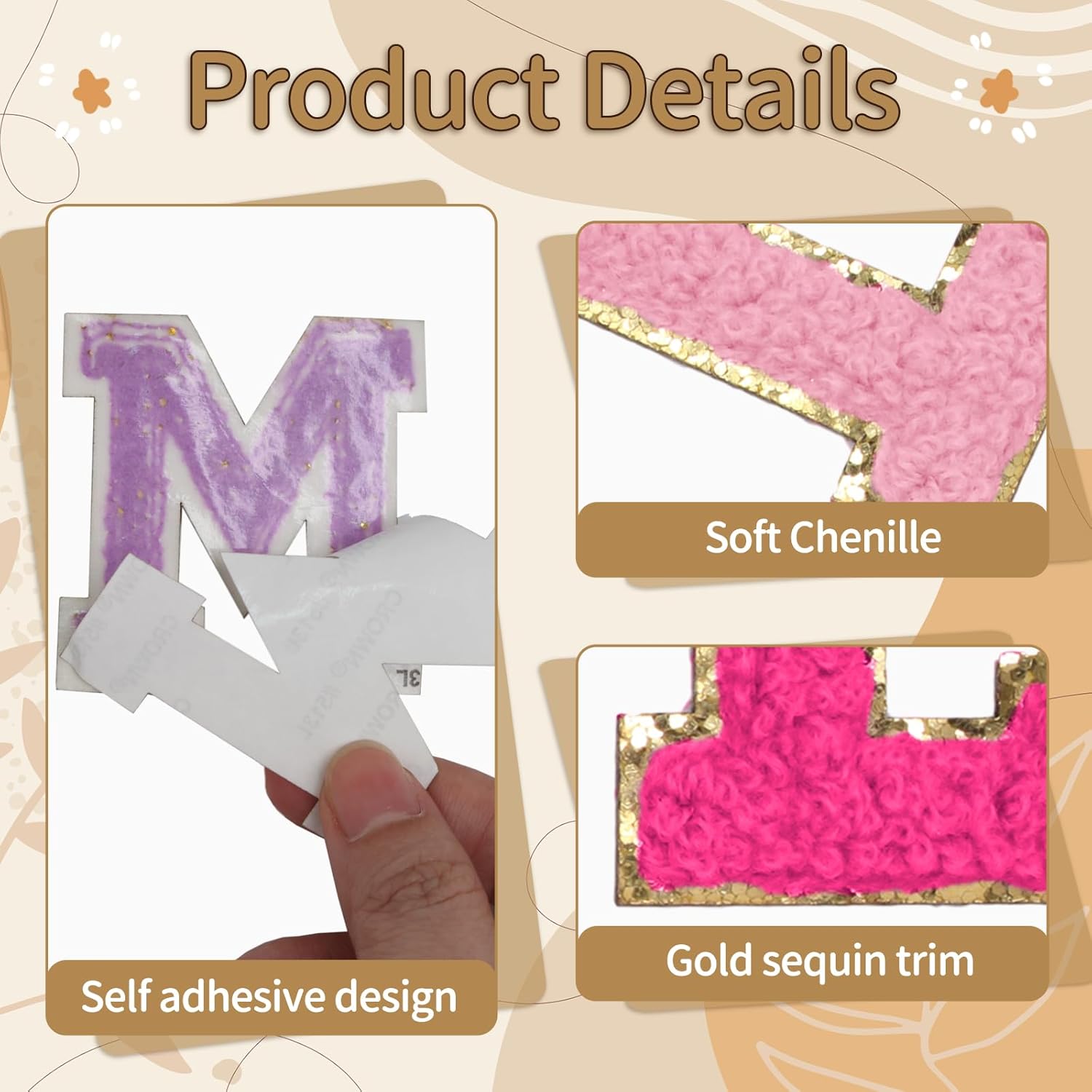 Biaungdo Self Adhesive Chenille Letter Patches, 6 Pcs 2 Inch Varsity Letter Patches Iron on Letter Patches Chenille Patch Large Letter Stickers for Clothes Hats DIY Supplies Mixed Color, M