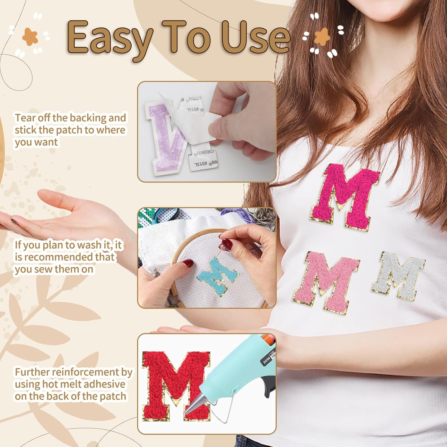 Biaungdo Self Adhesive Chenille Letter Patches, 6 Pcs 2 Inch Varsity Letter Patches Iron on Letter Patches Chenille Patch Large Letter Stickers for Clothes Hats DIY Supplies Mixed Color, M