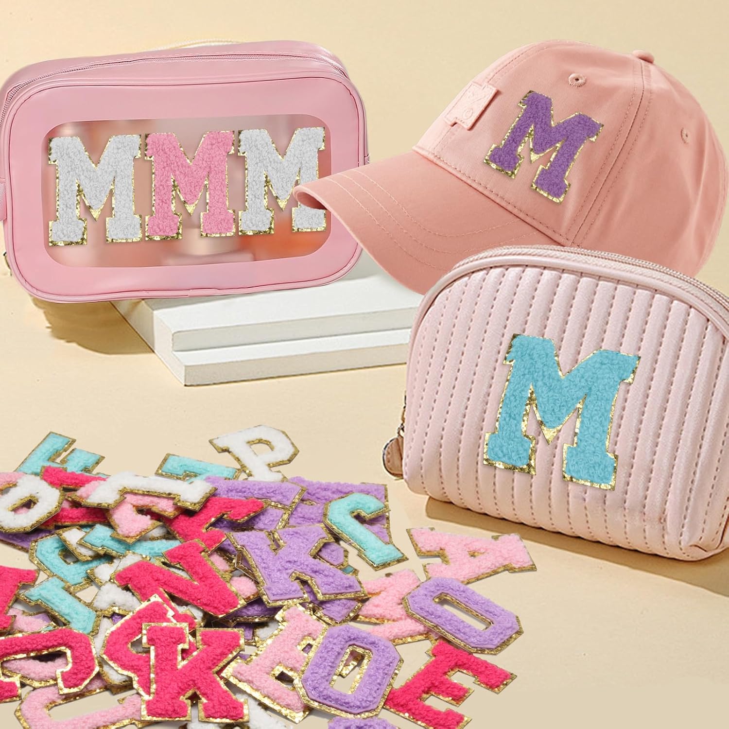 Biaungdo Self Adhesive Chenille Letter Patches, 6 Pcs 2 Inch Varsity Letter Patches Iron on Letter Patches Chenille Patch Large Letter Stickers for Clothes Hats DIY Supplies Mixed Color, M