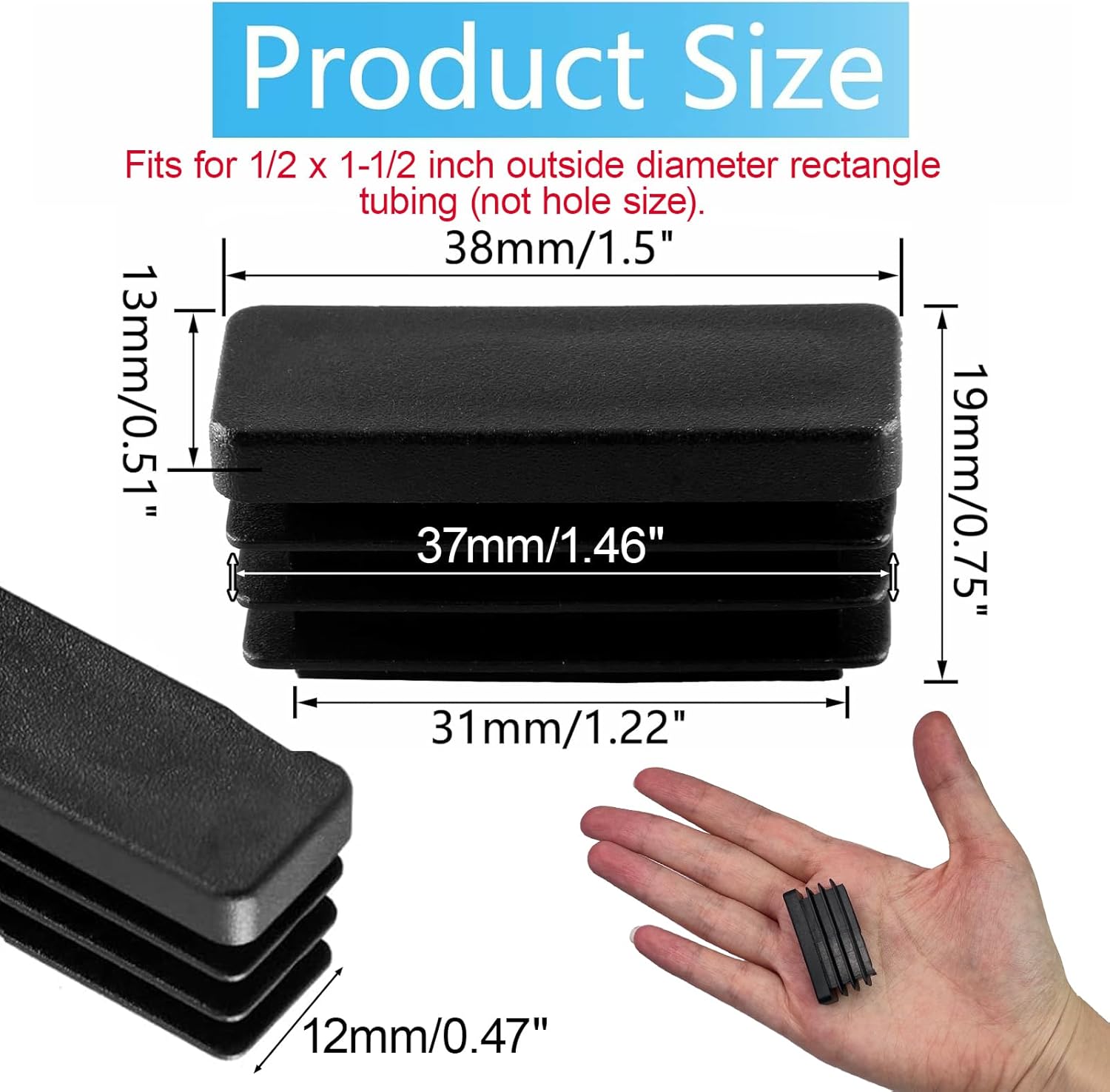 Biaungdo 24 Pack Rectangle Plastic Chair Leg Caps, 1/2" x 1-1/2" Tubing Glide End Insert Plug Cap Cove, Flexible Chair Leg Floor Protectors for Chair, Desk, Tube Black