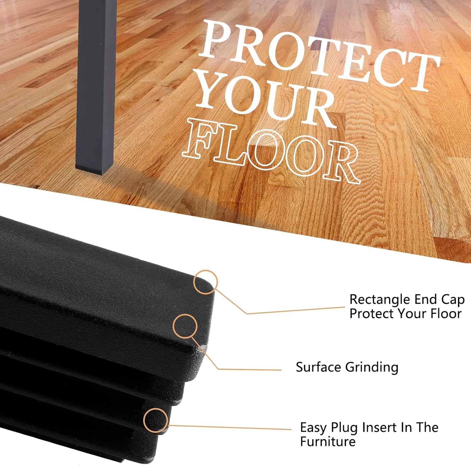 Biaungdo 24 Pack Rectangle Plastic Chair Leg Caps, 1/2" x 1-1/2" Tubing Glide End Insert Plug Cap Cove, Flexible Chair Leg Floor Protectors for Chair, Desk, Tube Black