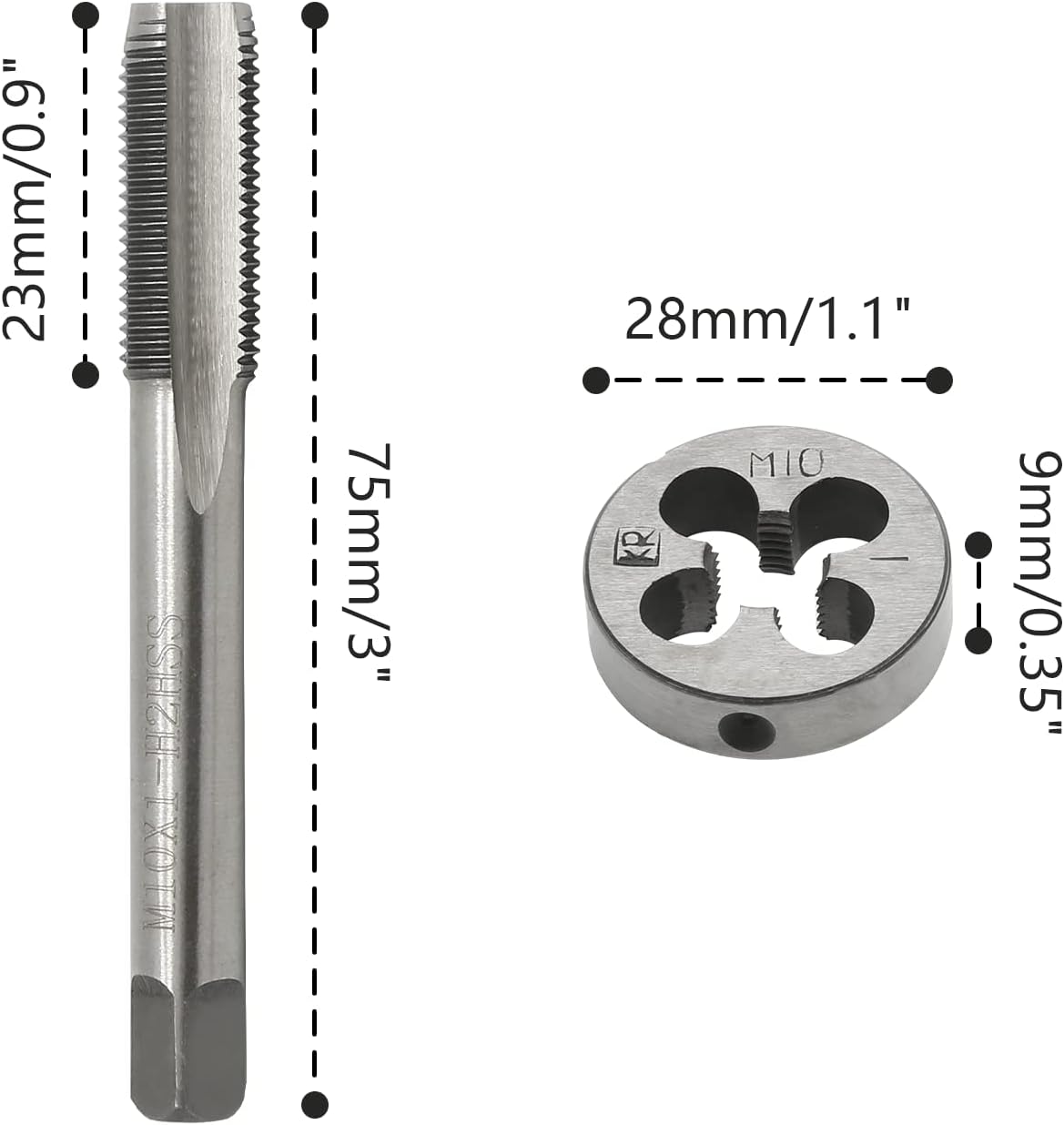 Biaungdo M10 x 1mm Tap and M10 x 1mm Die Metric Right Hand Thread, HSS Right Hand Thread Tap and Die Set