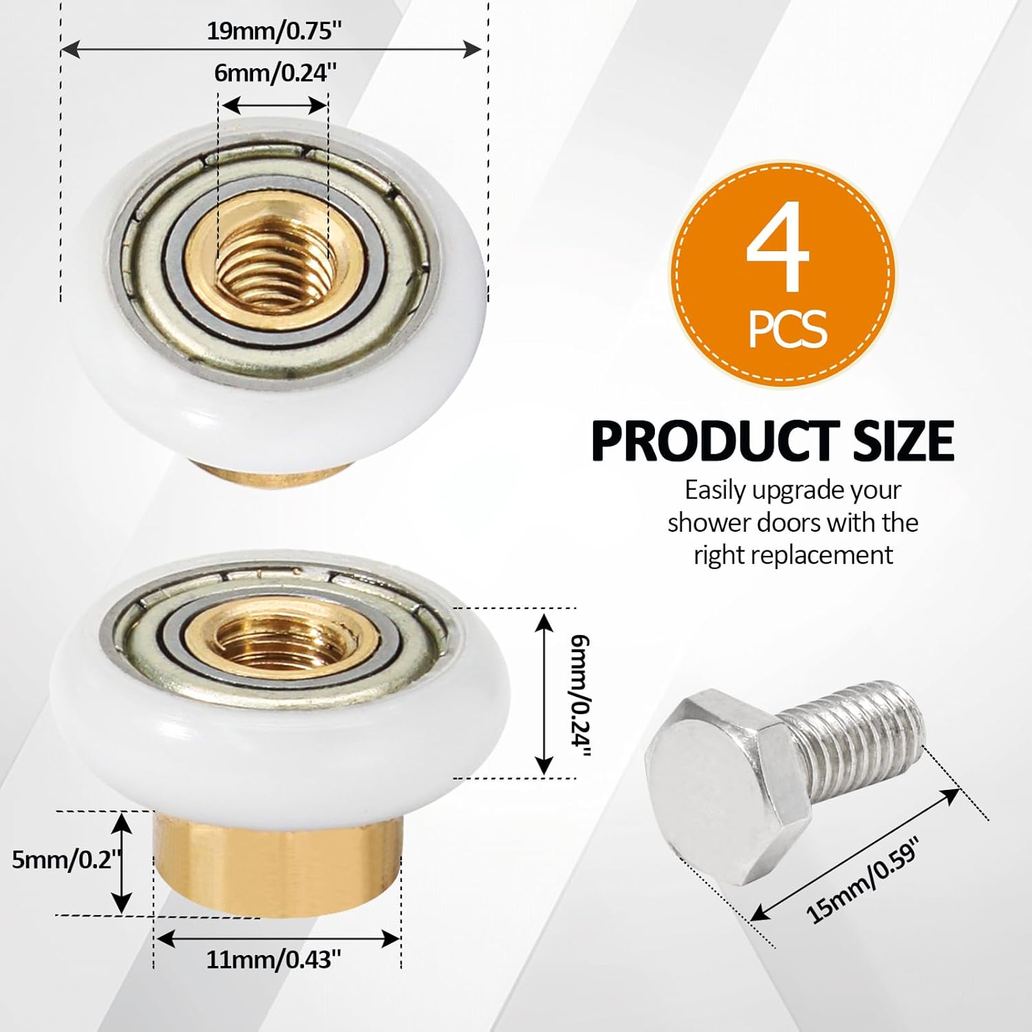 Biaungdo 4 Sets Shower Door Rollers, 19 mm Shower Door Rollers Runners Wheels Replacement Part, Bathroom Glass Door Roller Wheel Sliding Shower Door Runner