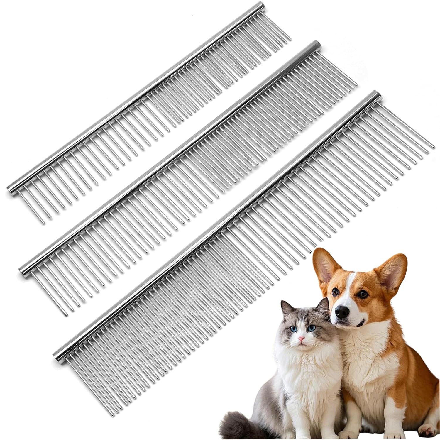 Biaungdo 3 Pcs Dog Grooming Combs Set, Metal Dog Comb for Removing Tangles and Knot, Cat Brush Grooming Tool for Long Haired Pets 7.48 x 1.65 inch & 7.4 x 1.3 inch & 6.5 x 1.14 inch