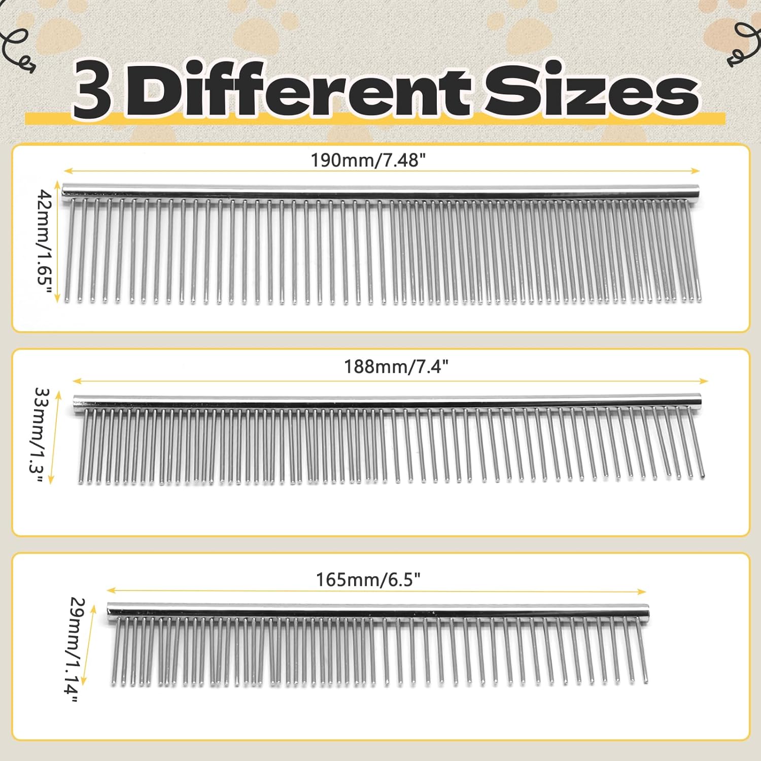 Biaungdo 3 Pcs Dog Grooming Combs Set, Metal Dog Comb for Removing Tangles and Knot, Cat Brush Grooming Tool for Long Haired Pets 7.48 x 1.65 inch & 7.4 x 1.3 inch & 6.5 x 1.14 inch
