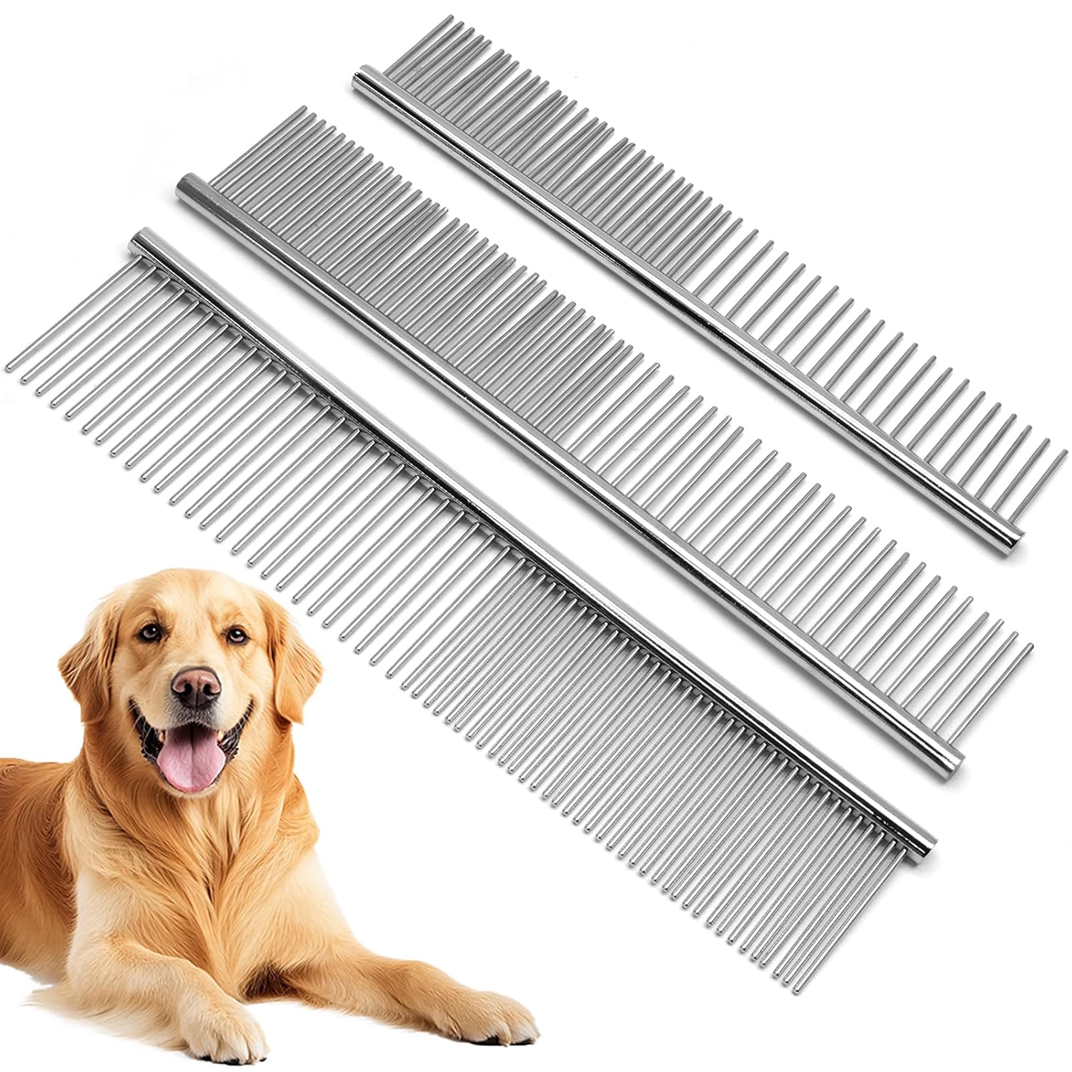 Biaungdo 3 Pcs Dog Grooming Combs Set, Metal Dog Comb for Removing Tangles and Knot, Cat Brush Grooming Tool for Long Haired Pets 7.48 x 1.65 inch & 7.4 x 1.3 inch & 6.5 x 1.14 inch