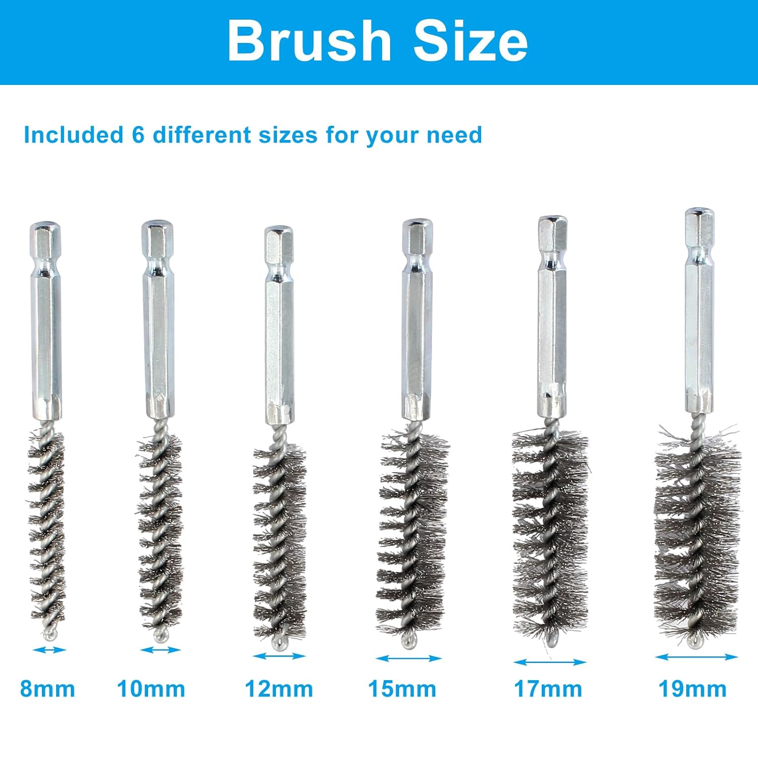 Biaungdo 6 Pcs Stainless Steel Bore Brush, Twisted Wire Drill Brush Metal Bristles Wire Brush Bore Cleaning Brush with Hex Shank Handle for Power Drill Plumbing Tools 8/10/12/15/17/19mm
