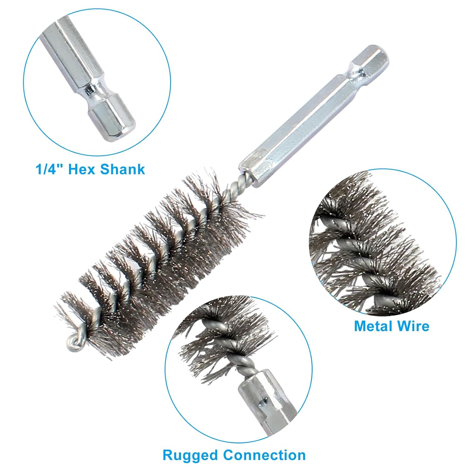Biaungdo 6 Pcs Stainless Steel Bore Brush, Twisted Wire Drill Brush Metal Bristles Wire Brush Bore Cleaning Brush with Hex Shank Handle for Power Drill Plumbing Tools 8/10/12/15/17/19mm