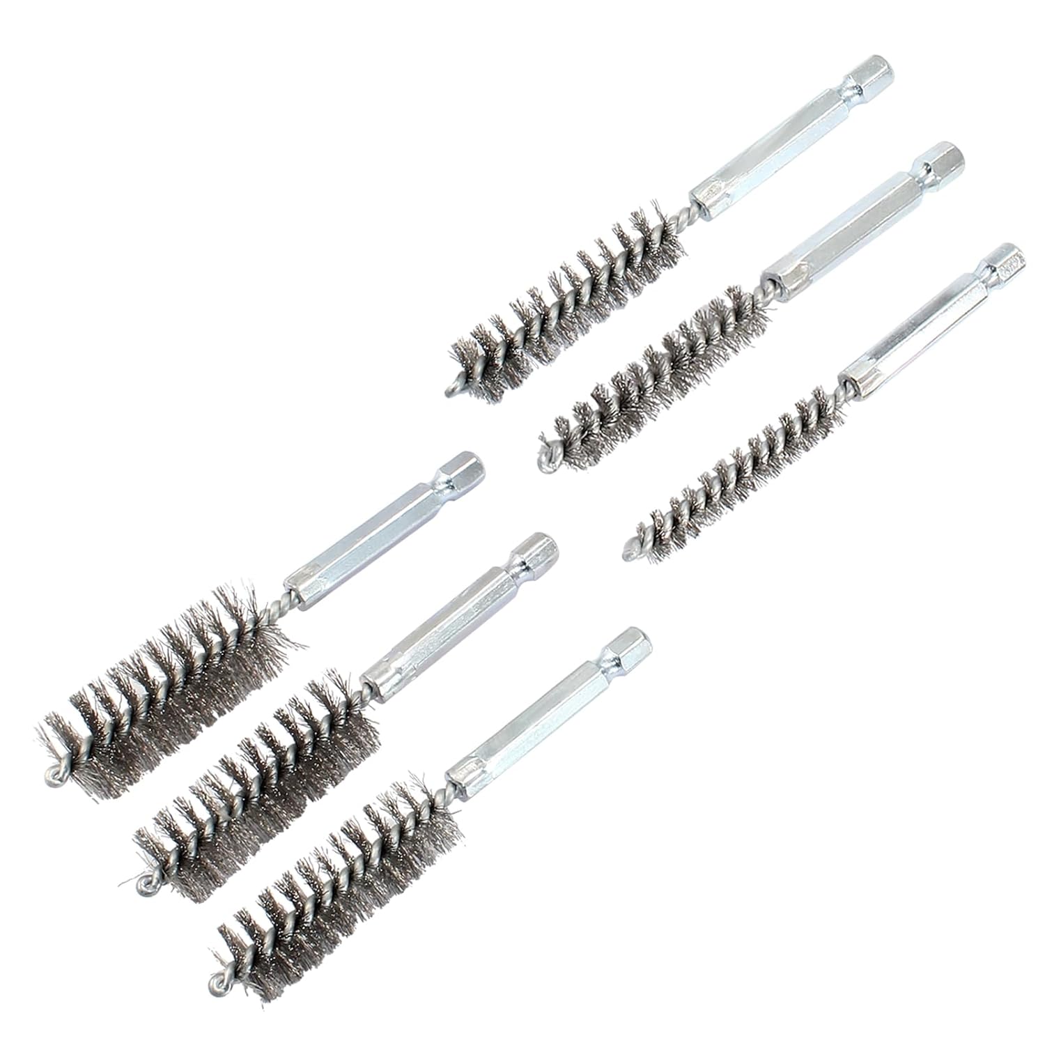 Biaungdo 6 Pcs Stainless Steel Bore Brush, Twisted Wire Drill Brush Metal Bristles Wire Brush Bore Cleaning Brush with Hex Shank Handle for Power Drill Plumbing Tools 8/10/12/15/17/19mm