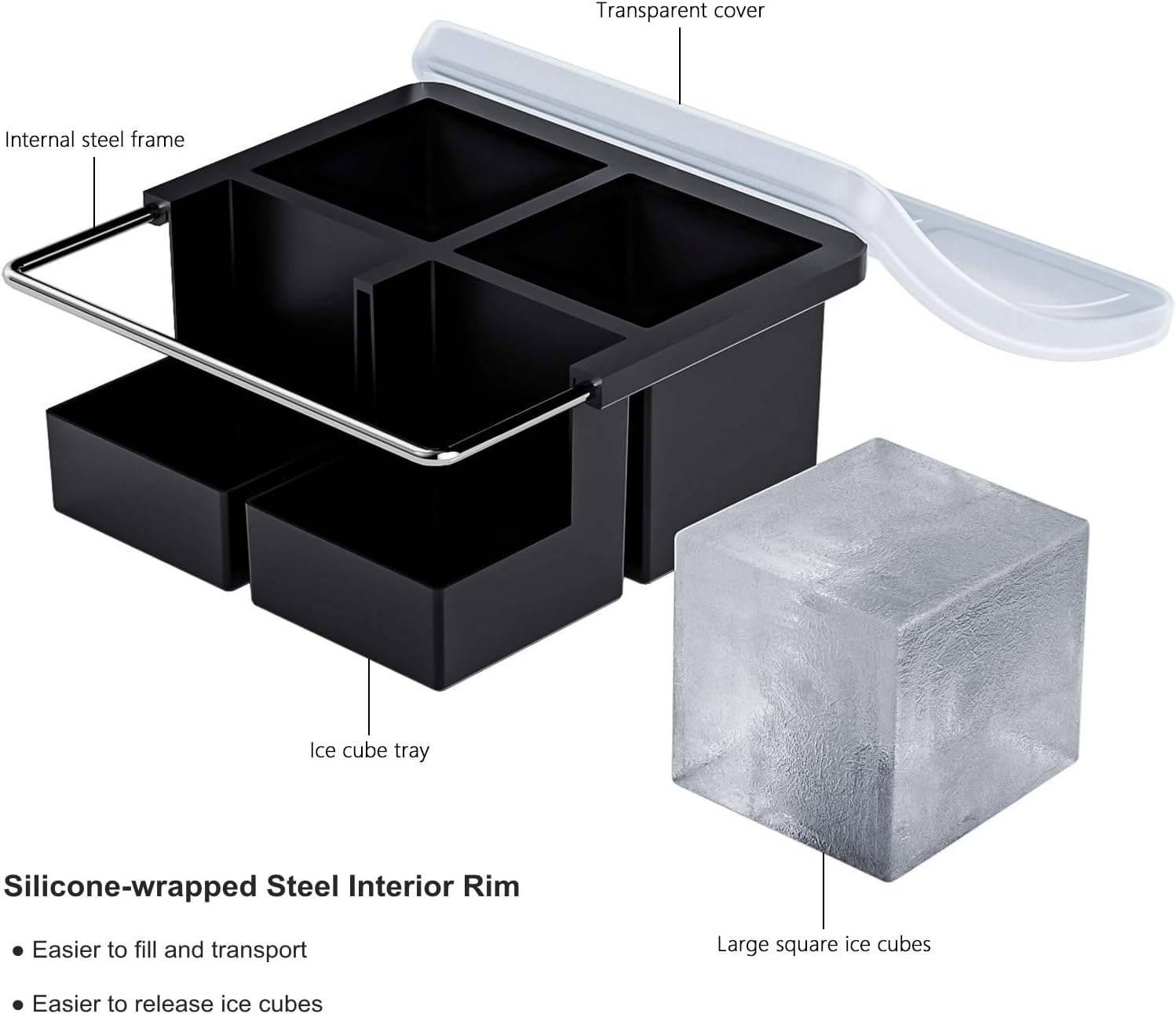 Bangp Large Ice Cube Tray for Whiskey,Silicone Ice Cube Trays 2 Pack,Large Ice Cube Molds with Leak Proof Removable Lid,Square Ice Cube Tray for Whiskey and Cocktail