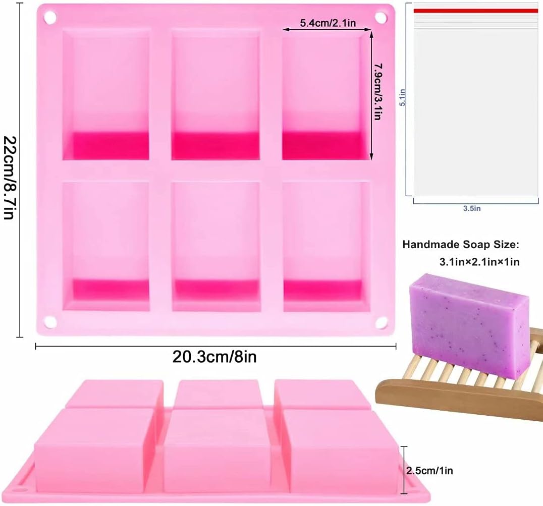 Bangp 4 Pack Silicone Soap Molds,Rectangle Soap Mold,6 Cavities Silicone Molds for Craft Soap Making,Chocolate, Cake Molds,with 100pcs 3.5x5 inches Bags