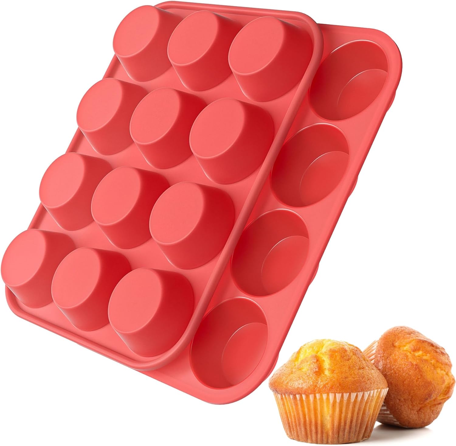 2Pack Silicone Muffin Pans with Metal Reinforced Frame,12 Cup Regular Size Silicone Cupcake Pan,Muffin Tin,Nonstick Cupcake Baking Molds for Muffins,Cupcakes,Egg Bites,BPA Free 2Pack Red