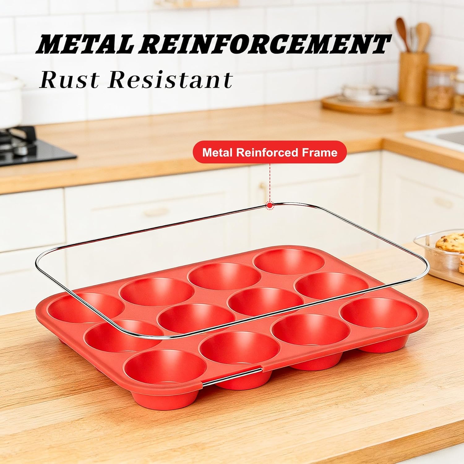 2Pack Silicone Muffin Pans with Metal Reinforced Frame,12 Cup Regular Size Silicone Cupcake Pan,Muffin Tin,Nonstick Cupcake Baking Molds for Muffins,Cupcakes,Egg Bites,BPA Free 2Pack Red