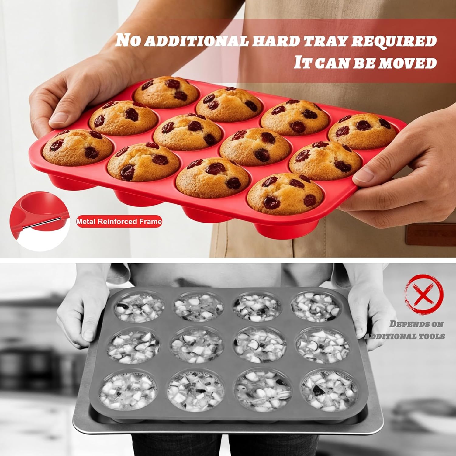 2Pack Silicone Muffin Pans with Metal Reinforced Frame,12 Cup Regular Size Silicone Cupcake Pan,Muffin Tin,Nonstick Cupcake Baking Molds for Muffins,Cupcakes,Egg Bites,BPA Free 2Pack Red