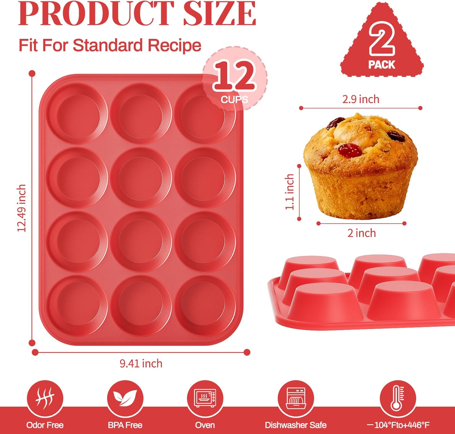 2Pack Silicone Muffin Pans with Metal Reinforced Frame,12 Cup Regular Size Silicone Cupcake Pan,Muffin Tin,Nonstick Cupcake Baking Molds for Muffins,Cupcakes,Egg Bites,BPA Free 2Pack Red