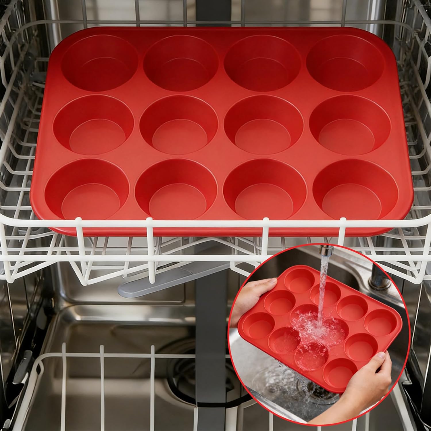 2Pack Silicone Muffin Pans with Metal Reinforced Frame,12 Cup Regular Size Silicone Cupcake Pan,Muffin Tin,Nonstick Cupcake Baking Molds for Muffins,Cupcakes,Egg Bites,BPA Free 2Pack Red