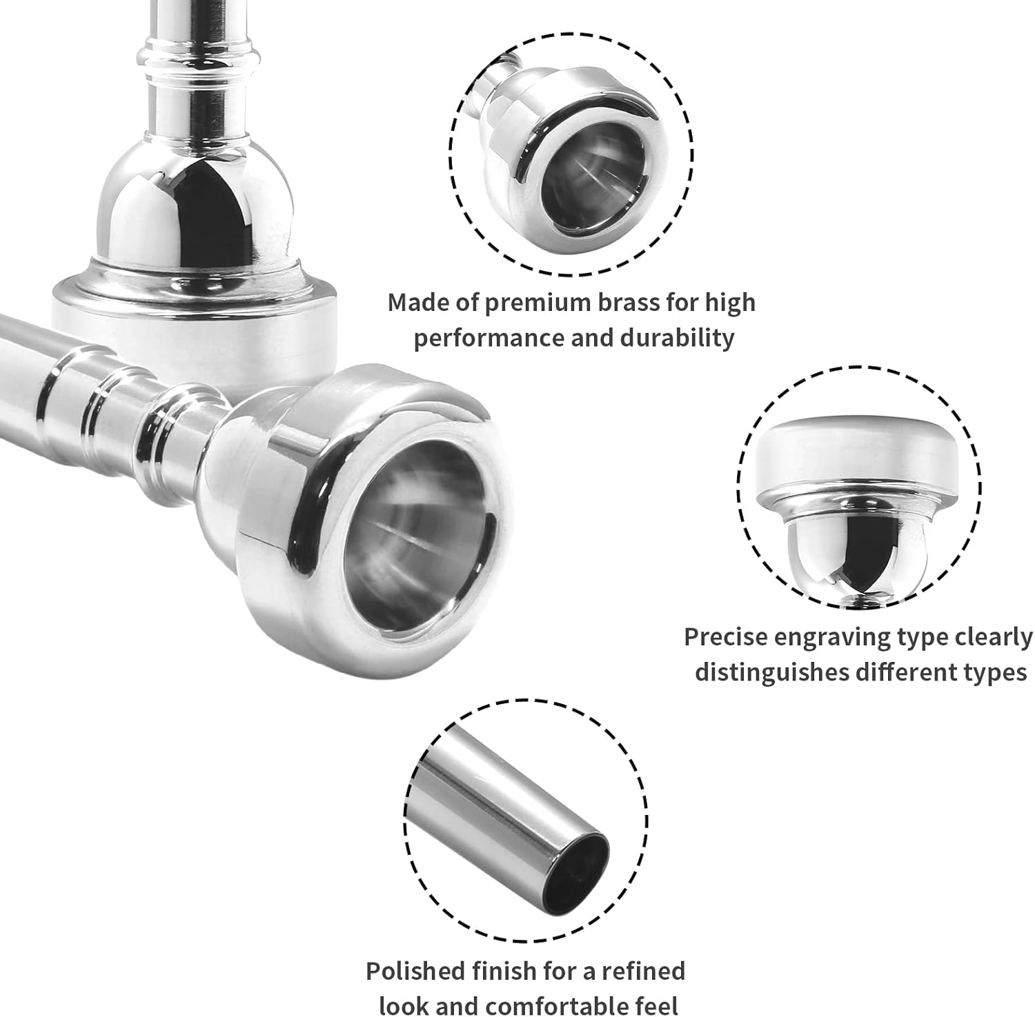 Biaungdo Trumpet Mouthpiece 7C 5C 3C, 3 Pcs Brass Material Silver Plated Trumpet Mouthpiece Set for Professional Players, Beginner
