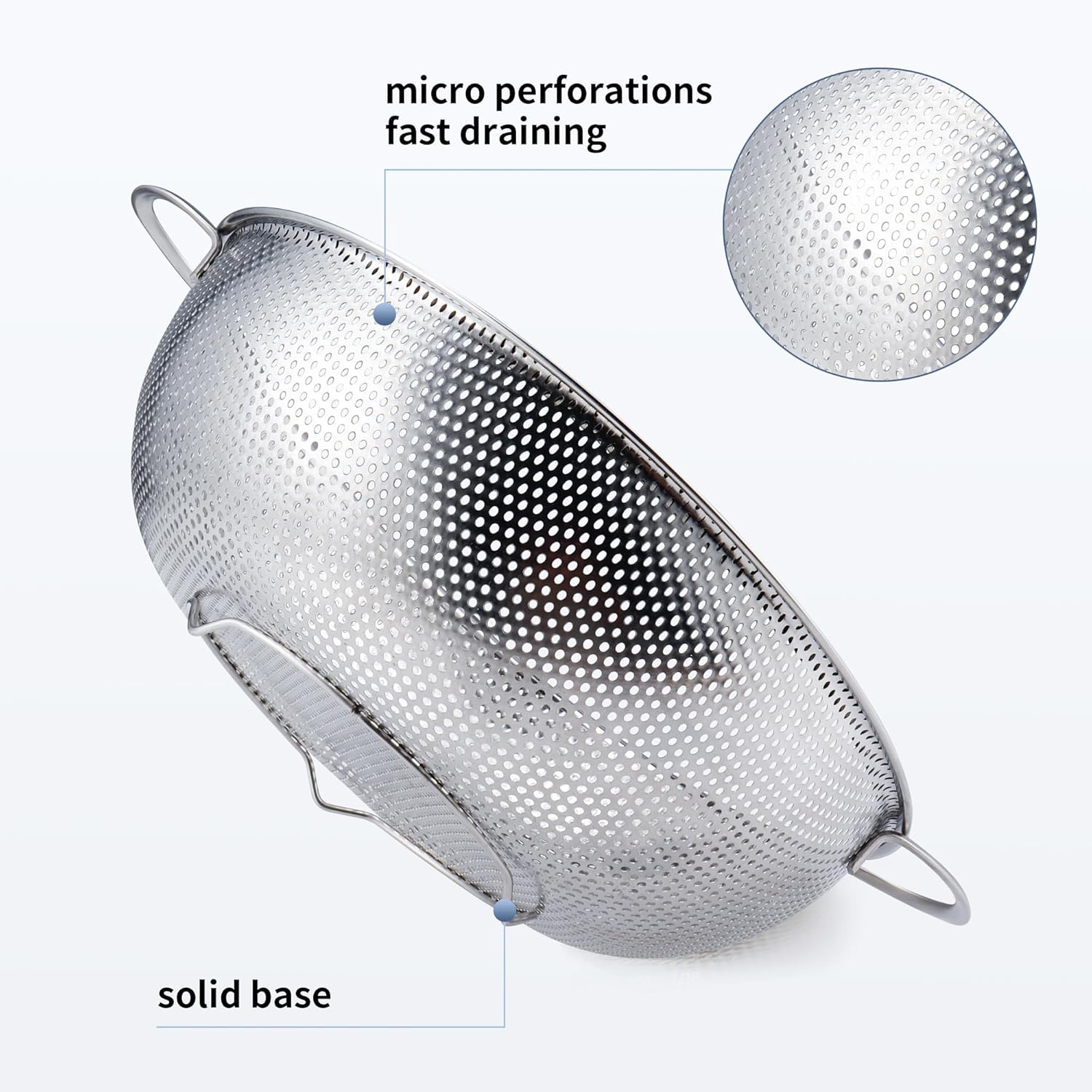 Colander Stainless Steel 3-Quart, Metal Strainer with Base, Strainer for Kitchen Food, Dishwasher Safe