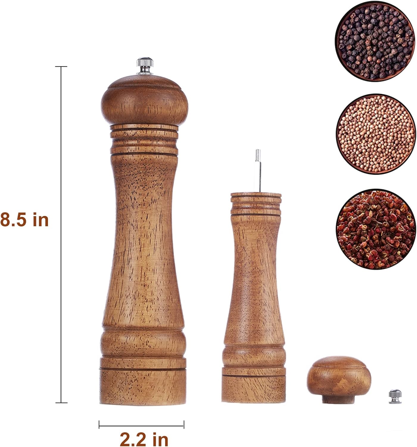 Gulex® Wood Pepper Grinder Pepper Mill,Adjustable Coarseness 8 Inch Wooden Peppermill, Ceramic Grinding Mechanism Salt Mill Refillable 1 pack Dark-1PC