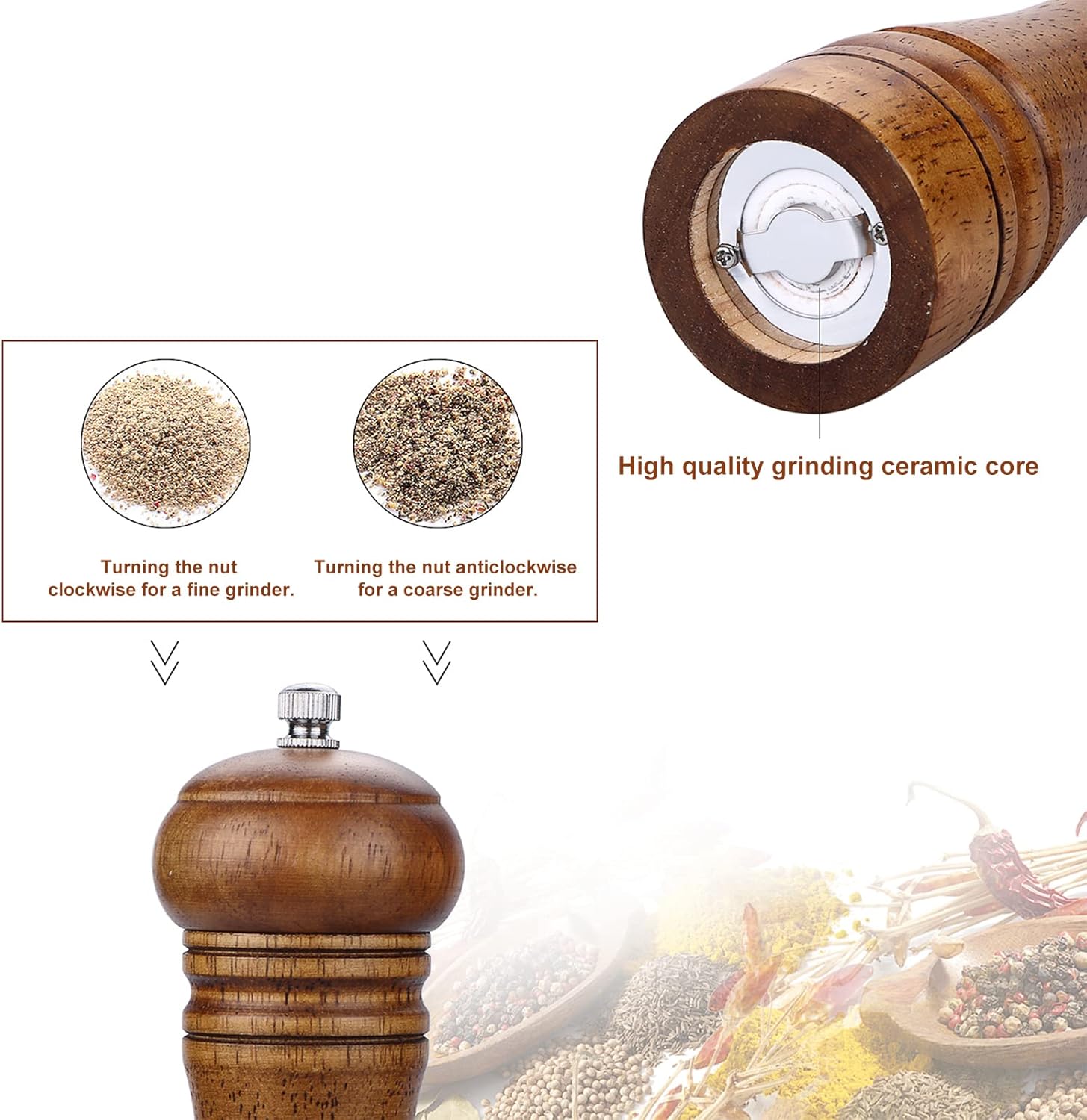 Gulex® Wood Pepper Grinder Pepper Mill,Adjustable Coarseness 8 Inch Wooden Peppermill, Ceramic Grinding Mechanism Salt Mill Refillable 1 pack Dark-1PC