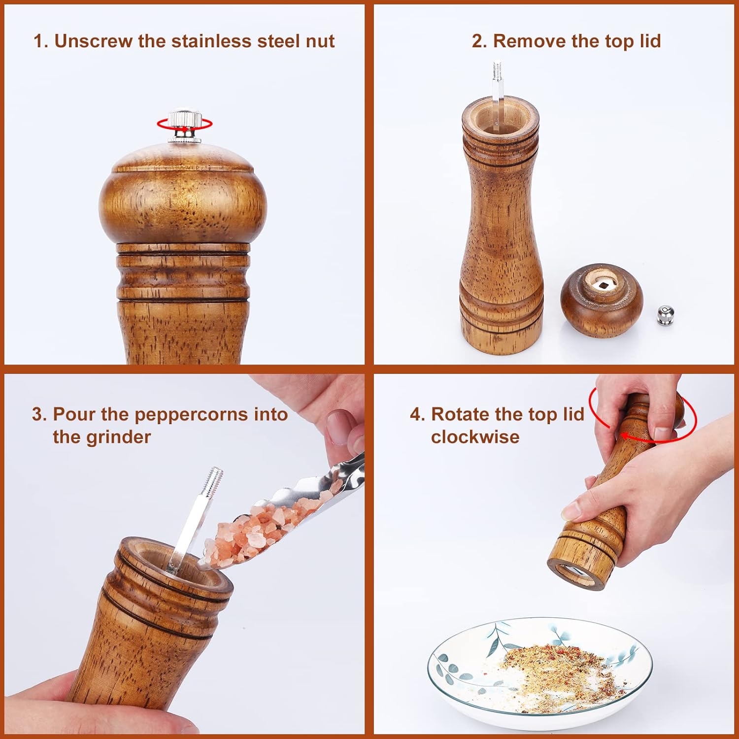 Gulex® Wood Pepper Grinder Pepper Mill,Adjustable Coarseness 8 Inch Wooden Peppermill, Ceramic Grinding Mechanism Salt Mill Refillable 1 pack Dark-1PC