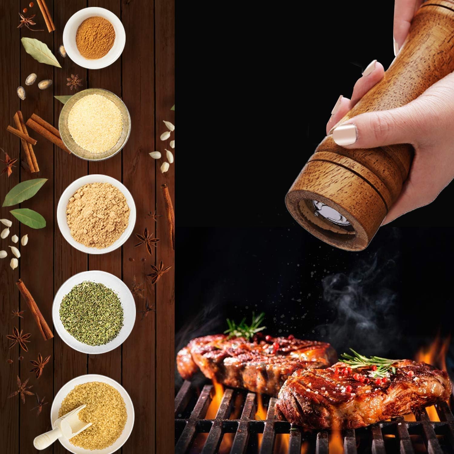 Gulex® Wood Pepper Grinder Pepper Mill,Adjustable Coarseness 8 Inch Wooden Peppermill, Ceramic Grinding Mechanism Salt Mill Refillable 1 pack Dark-1PC