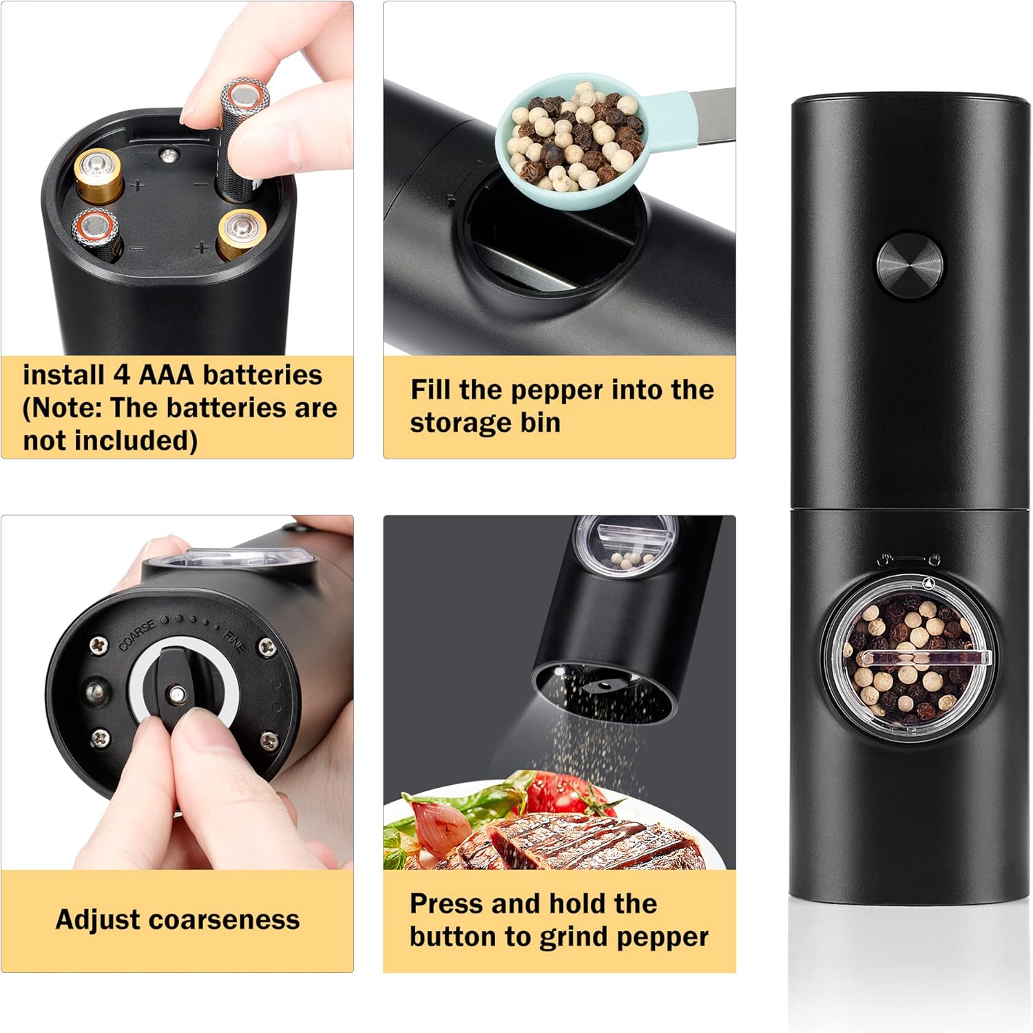 Electric Pepper Grinder or Salt Mill, Battery Powered Automatic Pepper Mill, Ceramic Grinder with Adjustable Coarseness, LED Light, One Hand Operation 1 pack