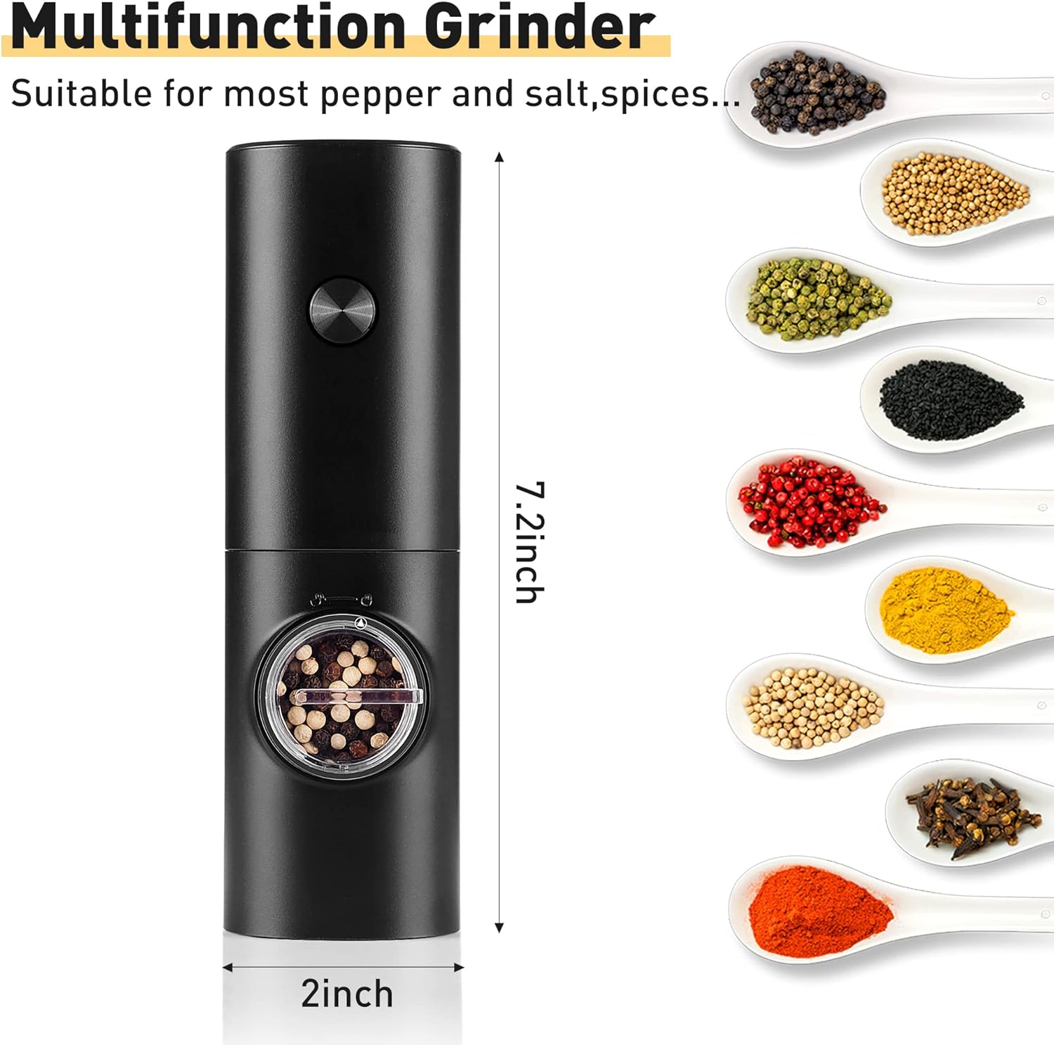 Electric Pepper Grinder or Salt Mill, Battery Powered Automatic Pepper Mill, Ceramic Grinder with Adjustable Coarseness, LED Light, One Hand Operation 1 pack