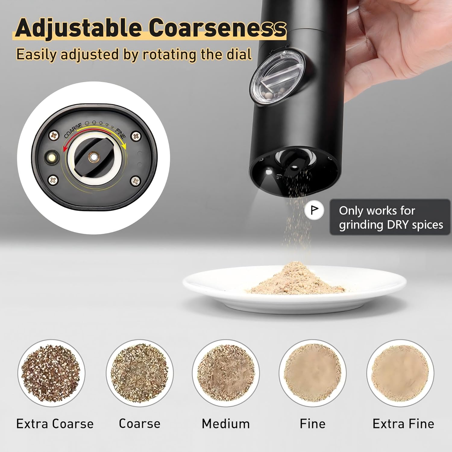 Electric Pepper Grinder or Salt Mill, Battery Powered Automatic Pepper Mill, Ceramic Grinder with Adjustable Coarseness, LED Light, One Hand Operation 1 pack