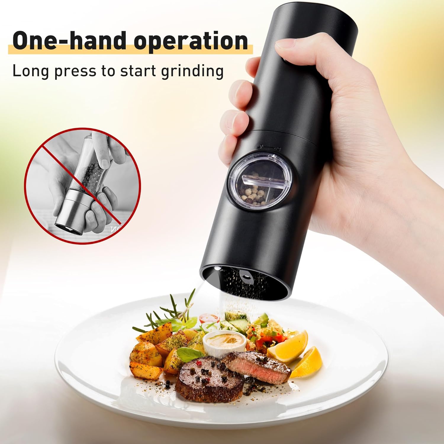 Electric Pepper Grinder or Salt Mill, Battery Powered Automatic Pepper Mill, Ceramic Grinder with Adjustable Coarseness, LED Light, One Hand Operation 1 pack