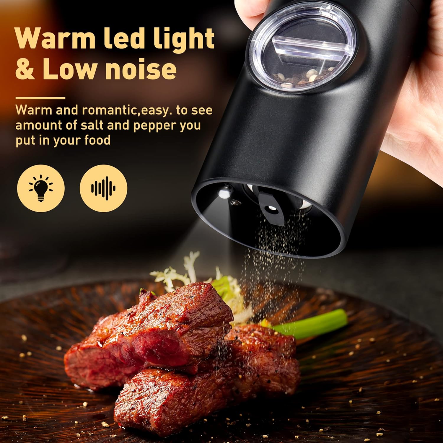 Electric Pepper Grinder or Salt Mill, Battery Powered Automatic Pepper Mill, Ceramic Grinder with Adjustable Coarseness, LED Light, One Hand Operation 1 pack