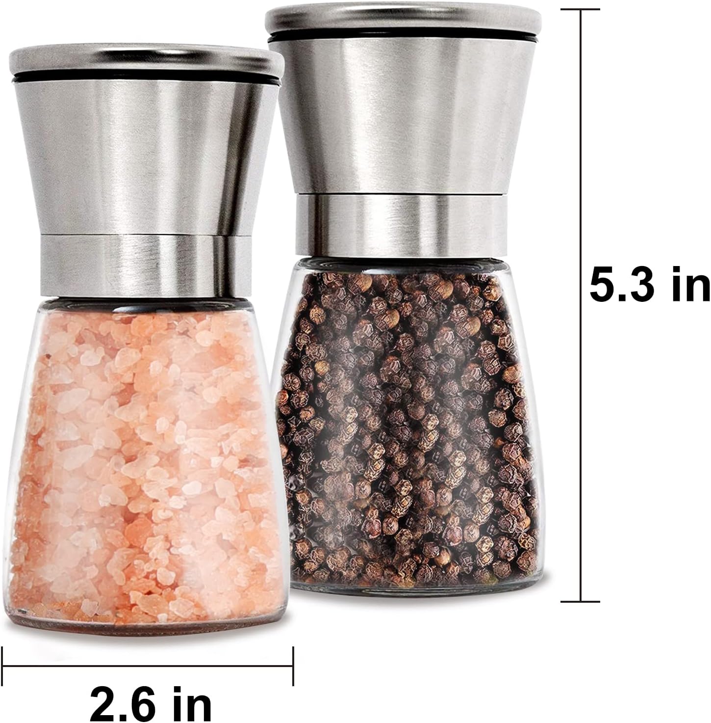 Gulex® Salt and Pepper Grinder Set Pepper Mill, Sea Salt Shaker Refillable, Adjustable Coarseness, Stainless Steel with Ceramic Rotor Set of 2