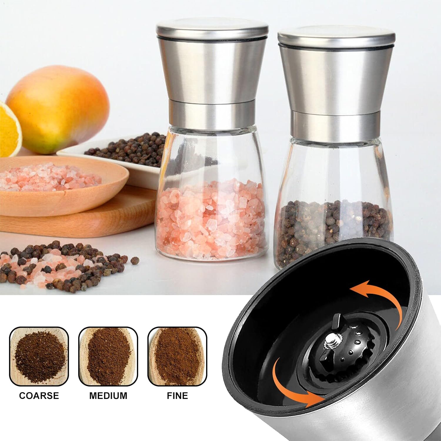 Gulex® Salt and Pepper Grinder Set Pepper Mill, Sea Salt Shaker Refillable, Adjustable Coarseness, Stainless Steel with Ceramic Rotor Set of 2