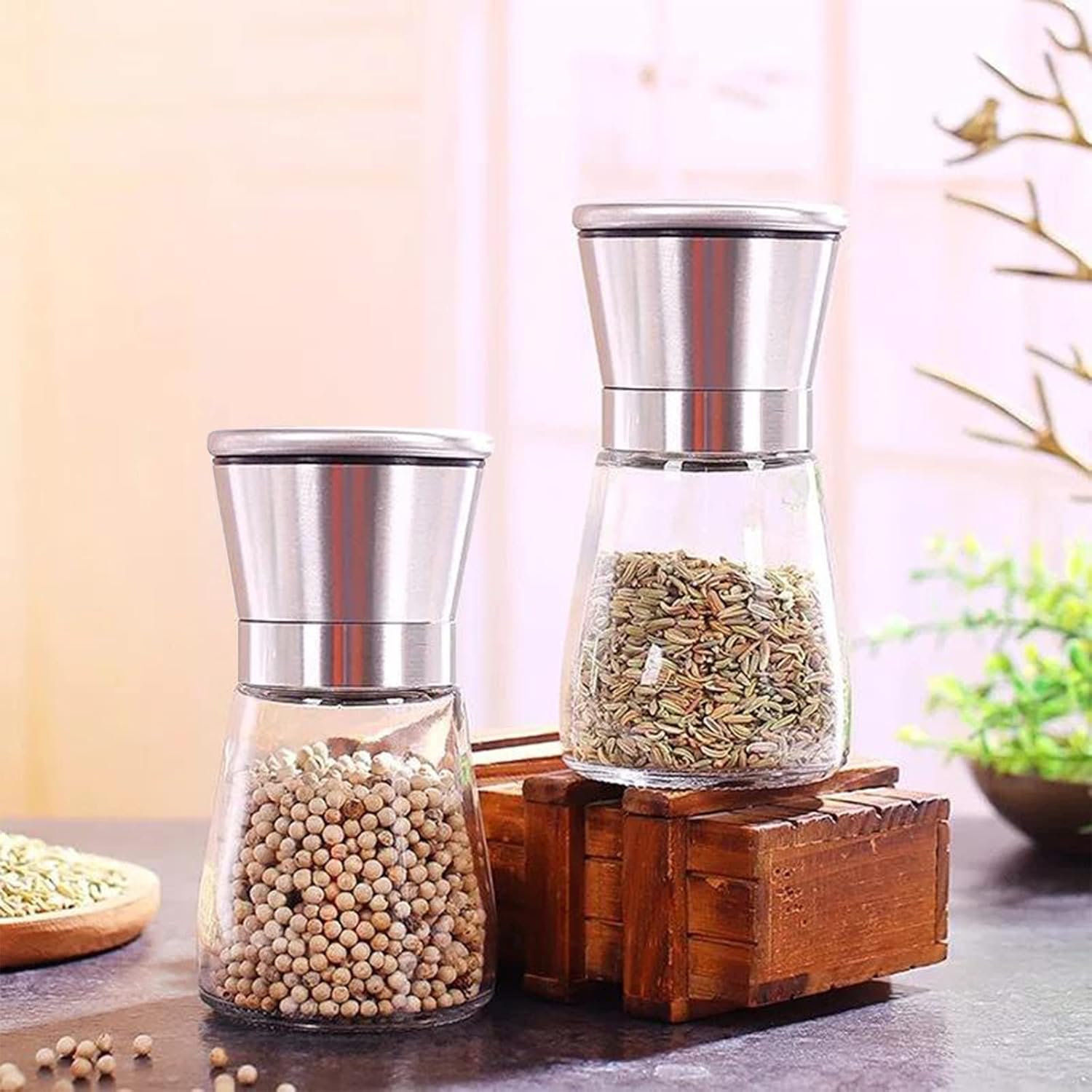 Gulex® Salt and Pepper Grinder Set Pepper Mill, Sea Salt Shaker Refillable, Adjustable Coarseness, Stainless Steel with Ceramic Rotor Set of 2