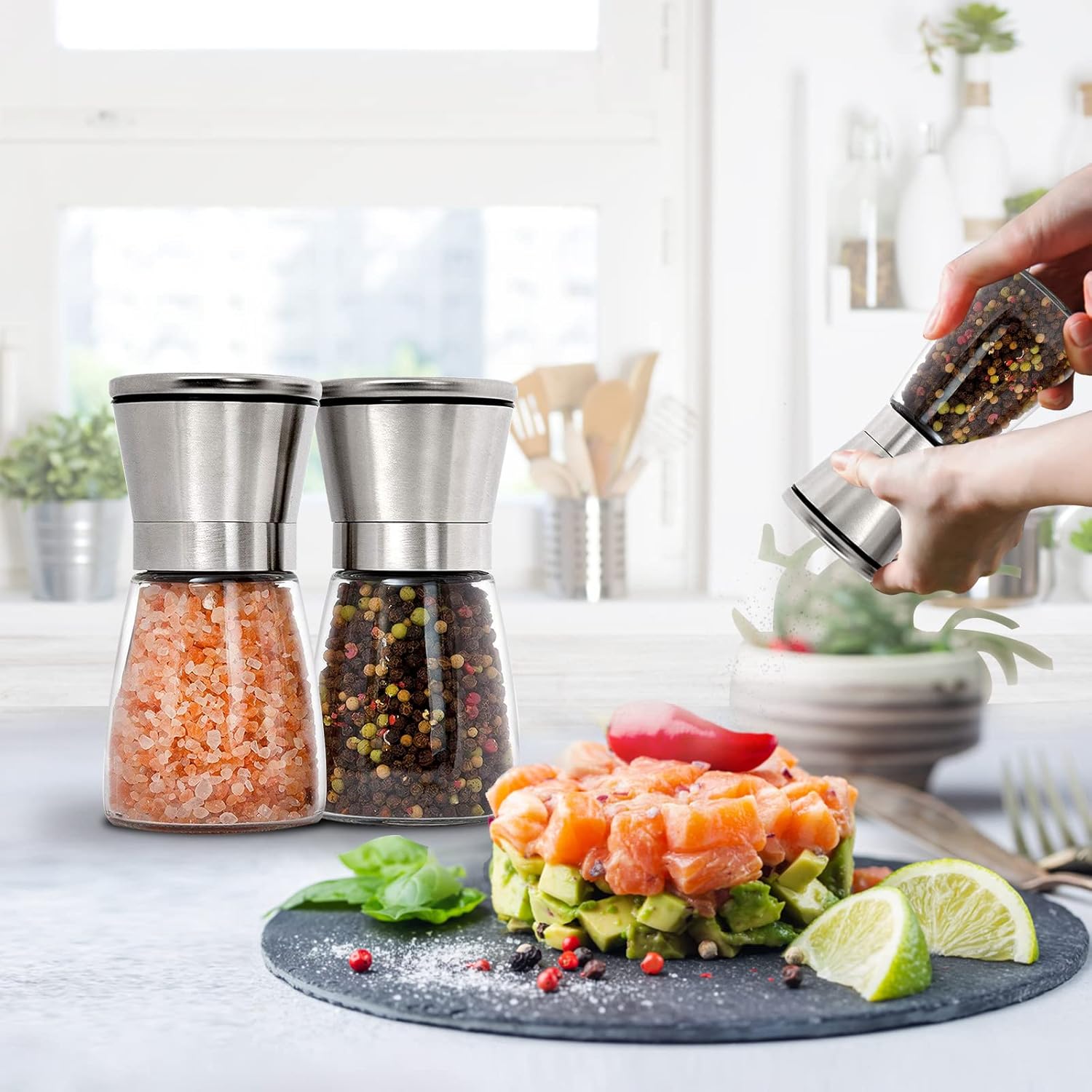 Gulex® Salt and Pepper Grinder Set Pepper Mill, Sea Salt Shaker Refillable, Adjustable Coarseness, Stainless Steel with Ceramic Rotor Set of 2