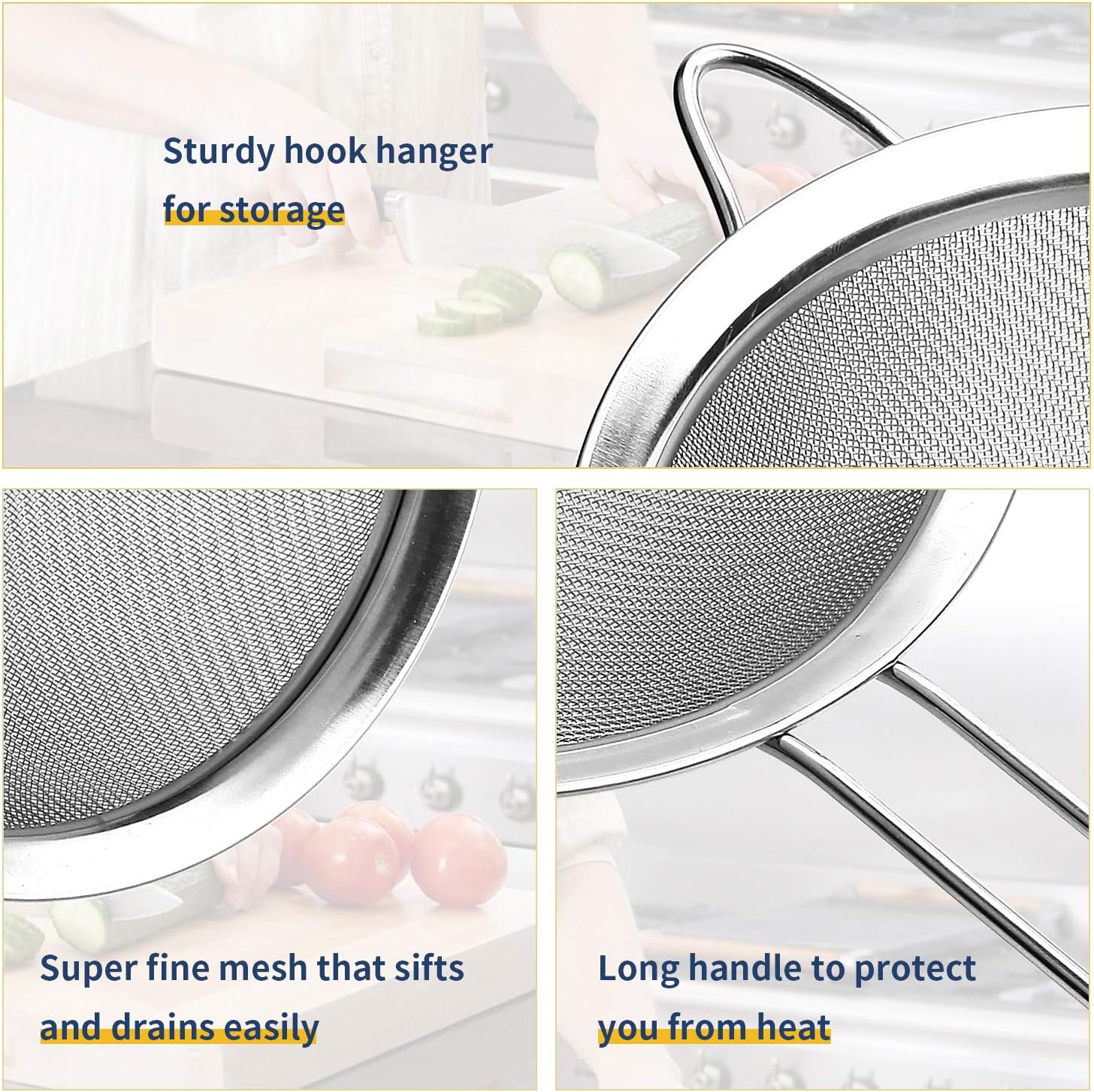 Supercenter Fine Mesh Strainer, Stainless Steel Fine Mesh Sieve, Set of 3 Small Strainers Fine Mesh for Kitchen, Silver Colander Sieve Sifter with Long Handle, 3.4", 5.8", 7.8"