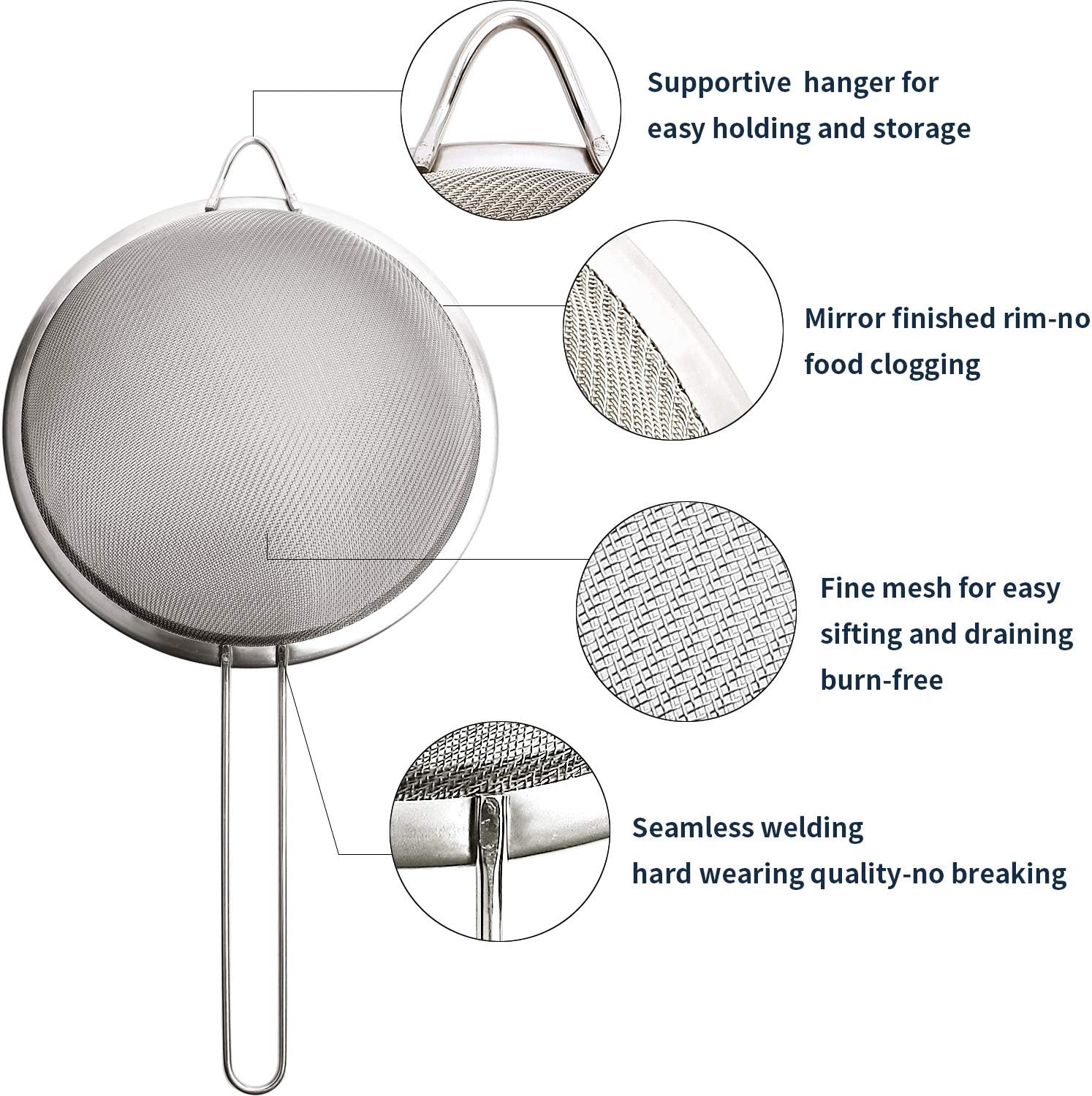 Supercenter Fine Mesh Strainer, Stainless Steel Fine Mesh Sieve, Set of 3 Small Strainers Fine Mesh for Kitchen, Silver Colander Sieve Sifter with Long Handle, 3.4", 5.8", 7.8"