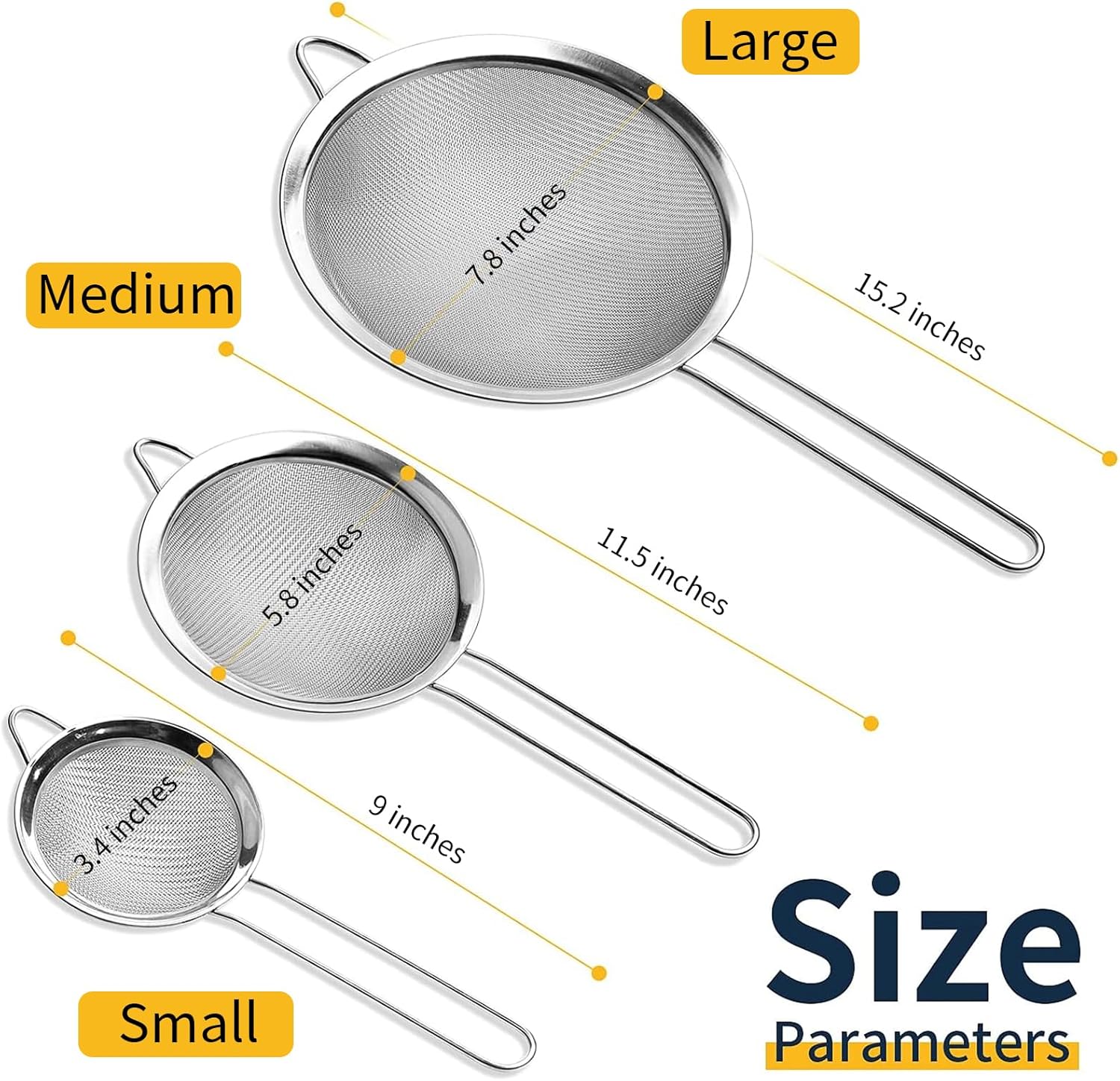 Supercenter Fine Mesh Strainer, Stainless Steel Fine Mesh Sieve, Set of 3 Small Strainers Fine Mesh for Kitchen, Silver Colander Sieve Sifter with Long Handle, 3.4", 5.8", 7.8"