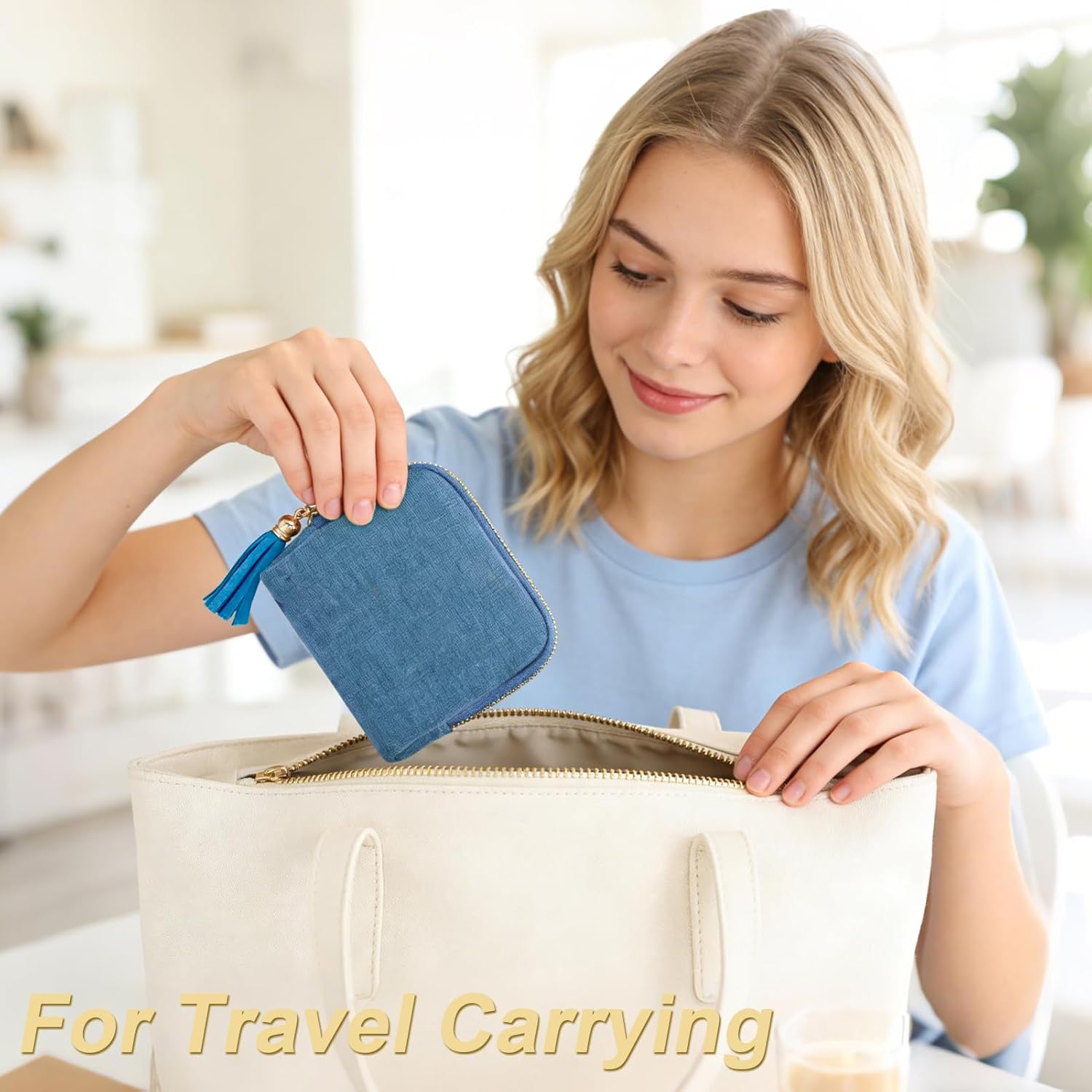 Small Travel Jewelry Case, Portable Soft Jewelry Bags, Organizer Pouch with 6 Compartments Pocket, Anti-Scratch Storage Holder for Bangle Bracelets Earrings Necklace, Women Gifts, Ocean Blue