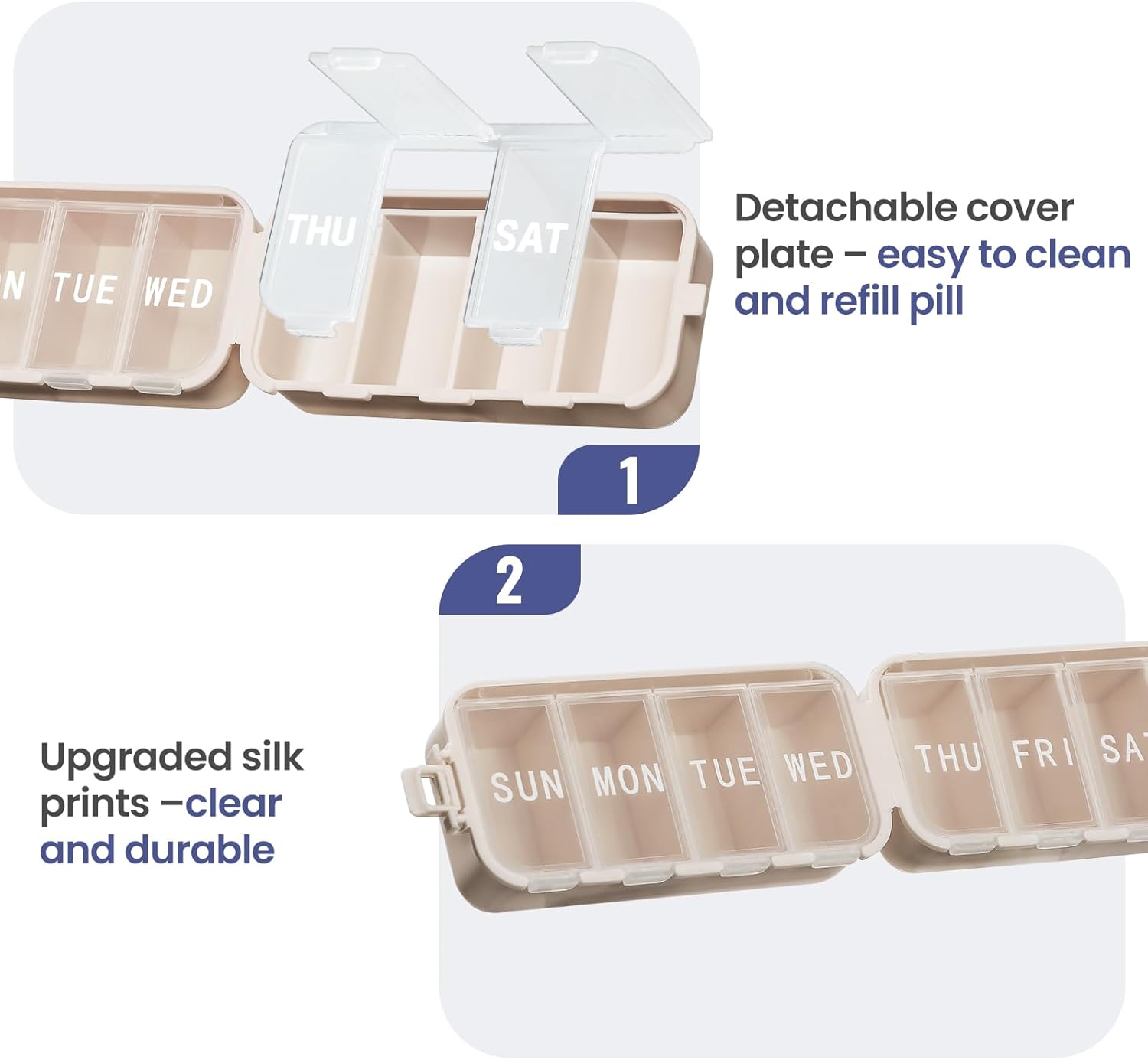 NEW Foldable Weekly Pill Organizer with Extra Grid, Portable 7 Day Pill Box Once / 1 Time a Day, Week Daily Medicine Organizer - Large Travel Pill Case Holder Dispenser for Vitamin, Supplement-Khaki