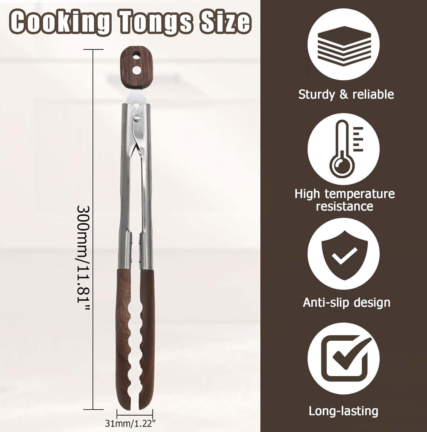 Biaungdo Wooden Tongs for Cooking, 9 Inch Walnut Wooden kitchen Tongs, Stainless Steel Salad Tong with Wood Tip for Serving Food, Grilling, Cooking Utensils Set Pull Lock