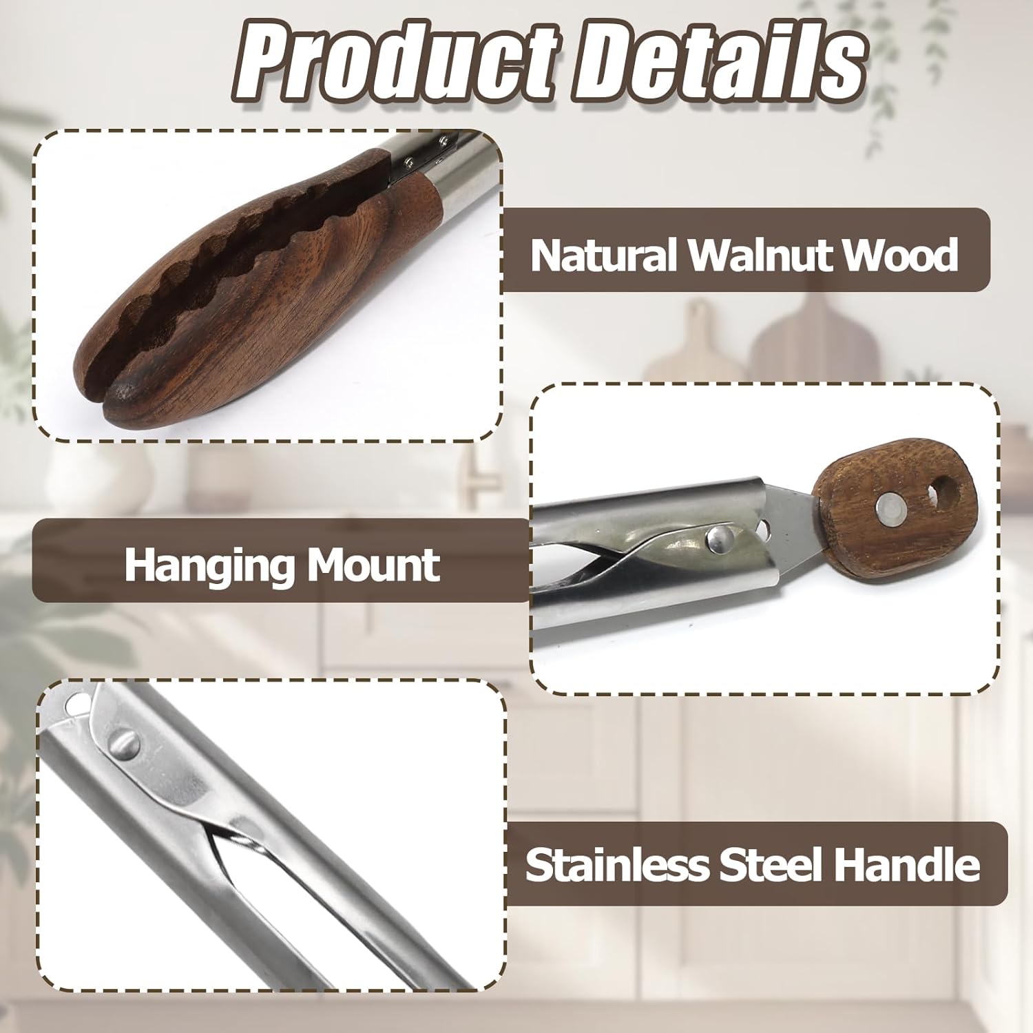 Biaungdo Wooden Tongs for Cooking, 9 Inch Walnut Wooden kitchen Tongs, Stainless Steel Salad Tong with Wood Tip for Serving Food, Grilling, Cooking Utensils Set Pull Lock